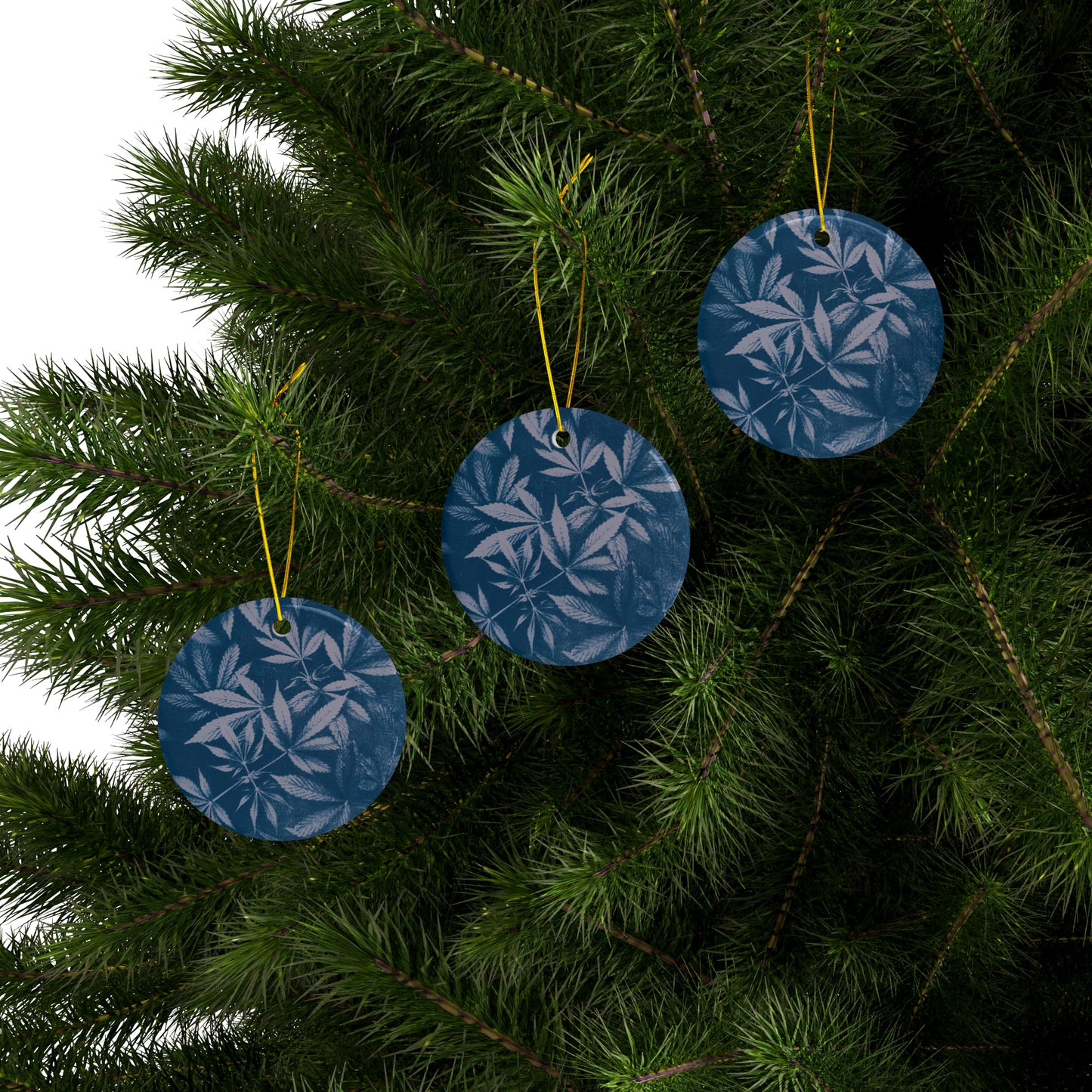 Ceramic Holiday Ornament - Cannabis Field Cyanotype on Lavender Print