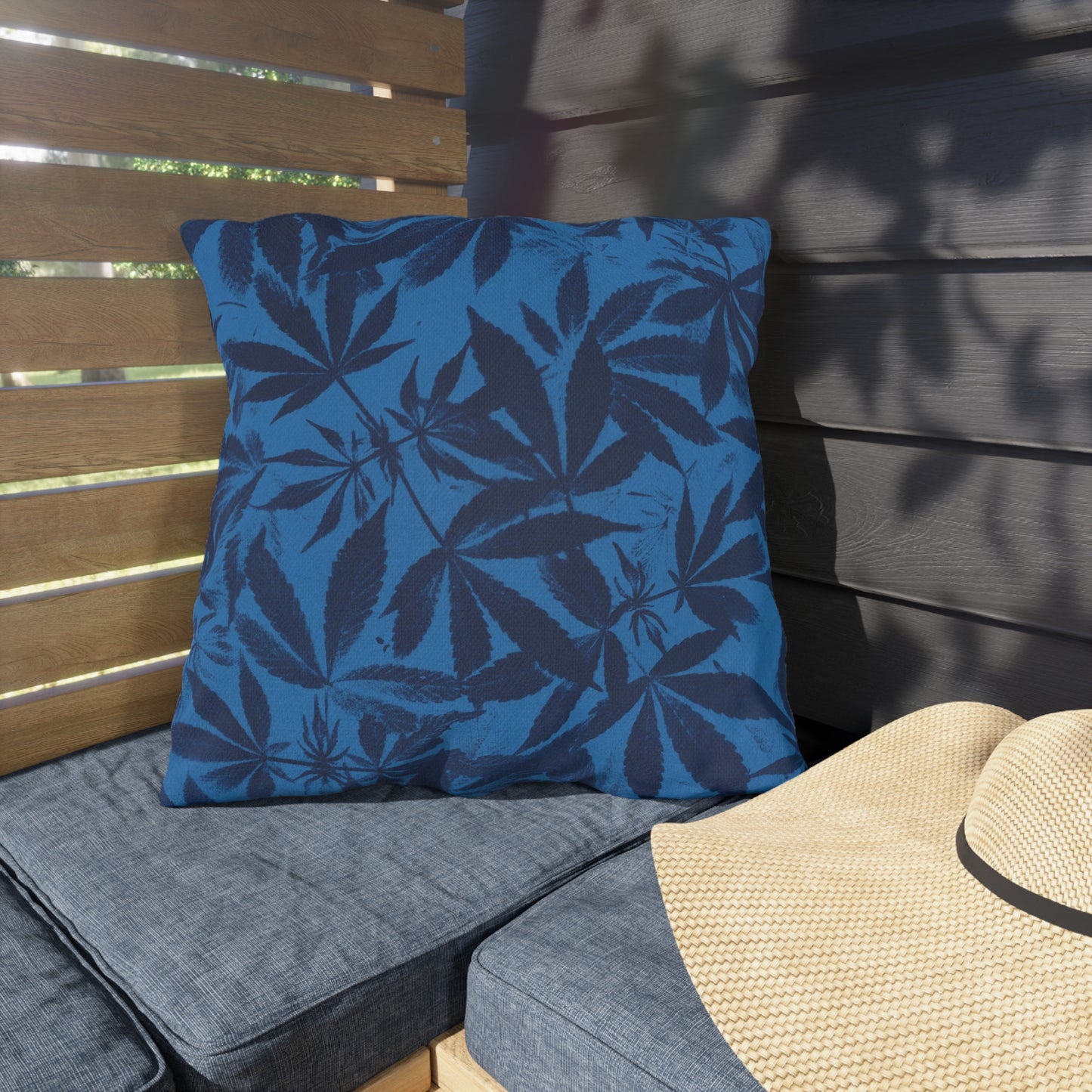 Outdoor Decorative Pillows - UV/H2O/Mildew Resistant - Cannabis Field Cyanotype on Bright Blue Print