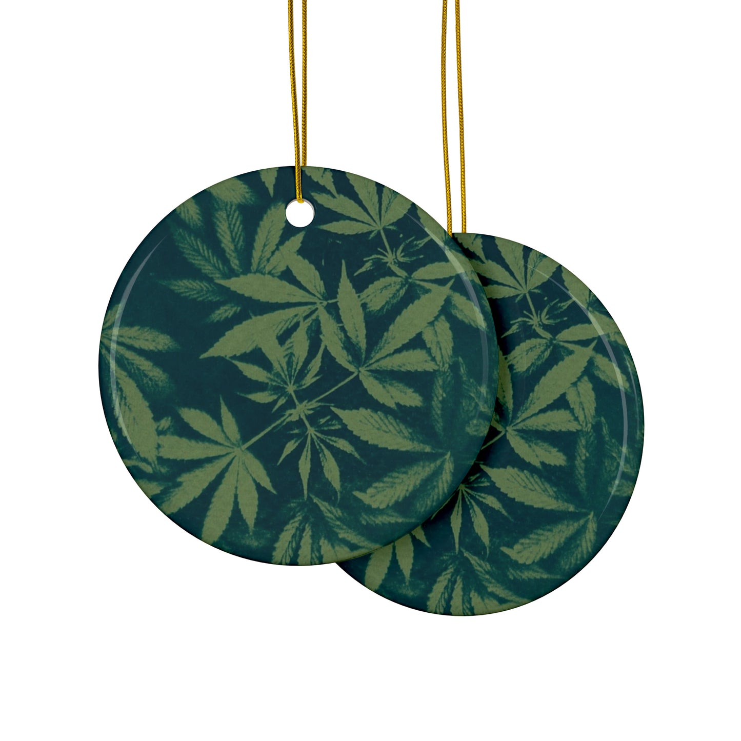 Ceramic Holiday Ornaments - Cyanotype on Green Print 1