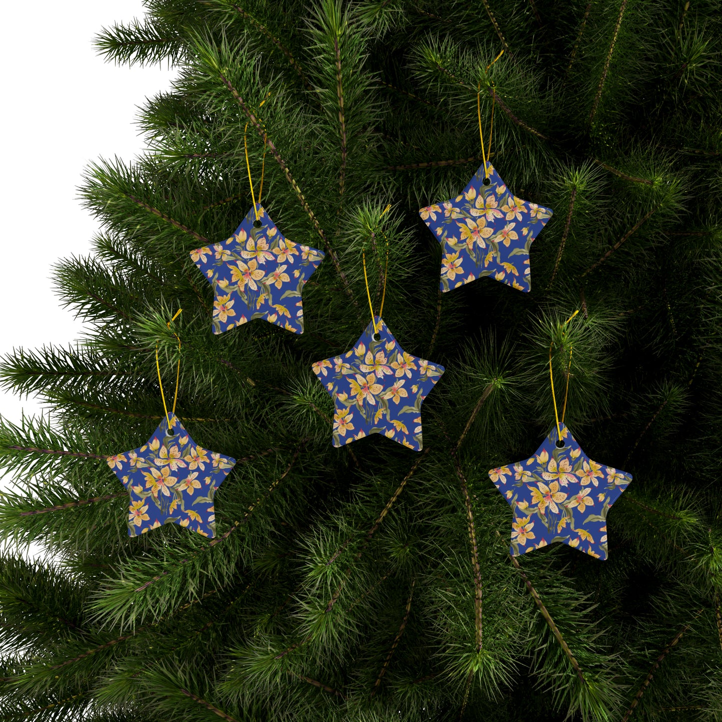 Ceramic Holiday Ornaments - Alstromerias on Blue