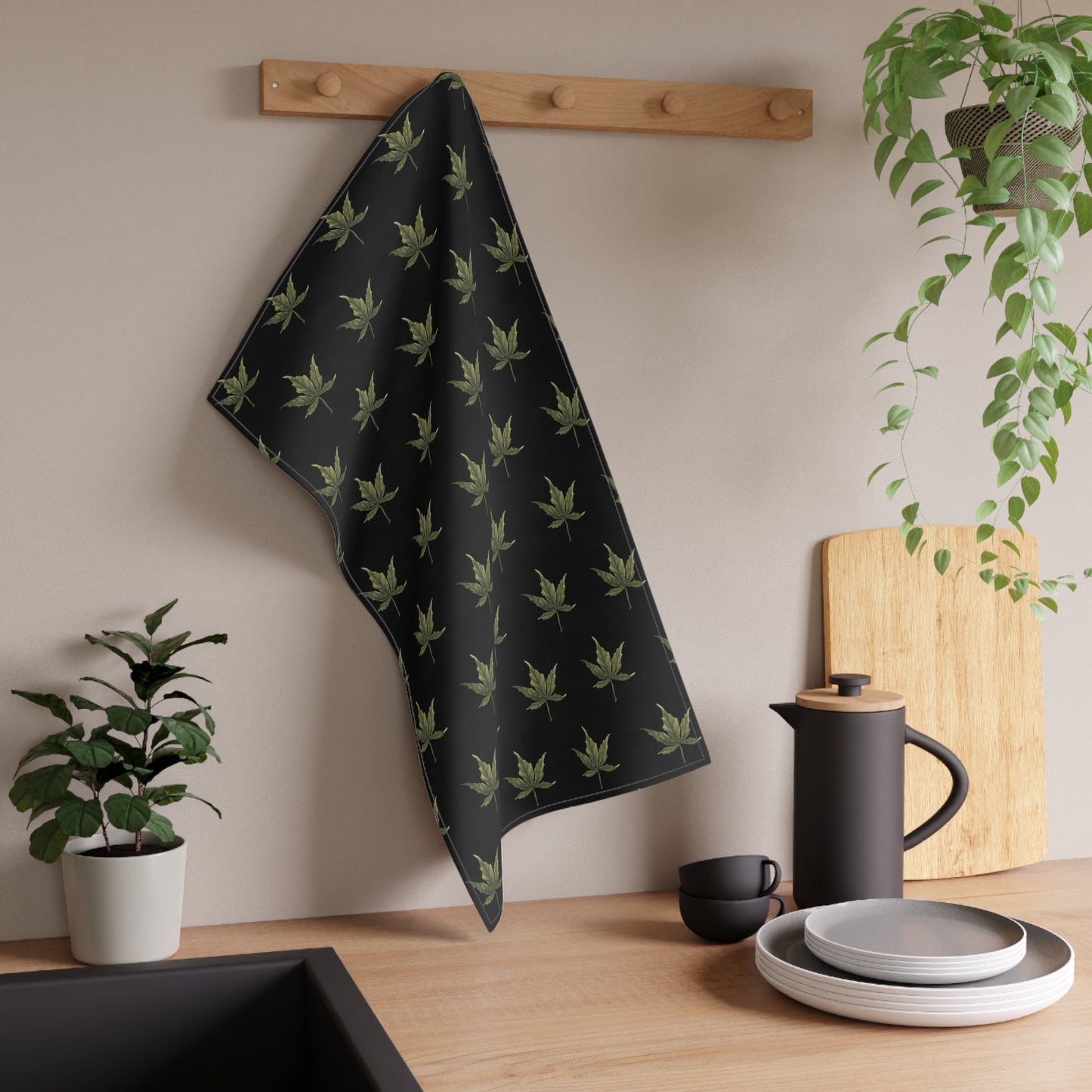 100% Cotton Twill Kitchen Towel - Mini Cannabis Leaf Print on Black