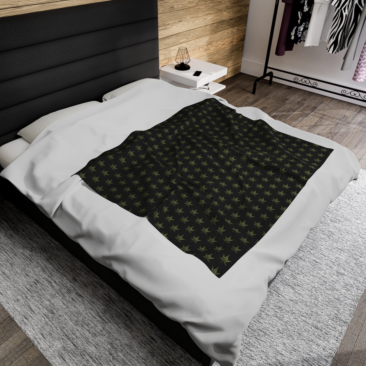 Velveteen Plush Blanket - Mini Cannabis Leaf Print, Black