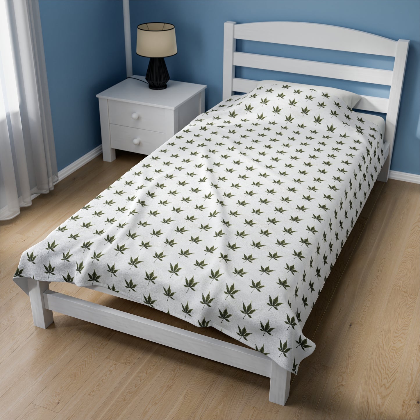 Velveteen Plush Blanket - Mini Cannabis Leaf Print, White