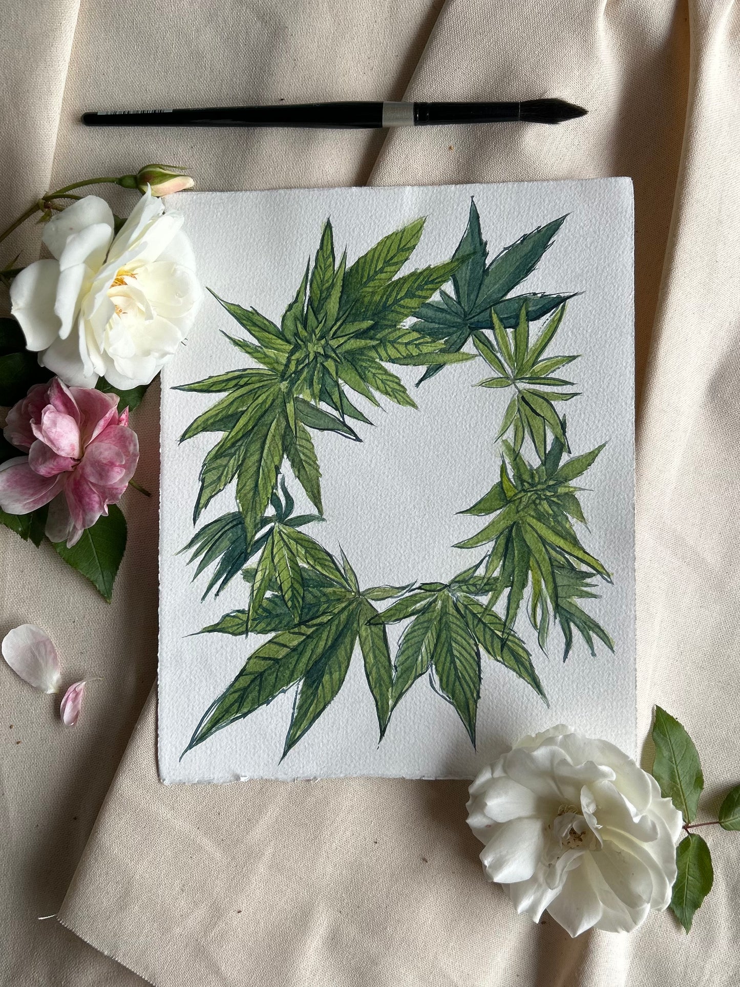 Cannabis Wreath Original Watercolor Painting 8x10"