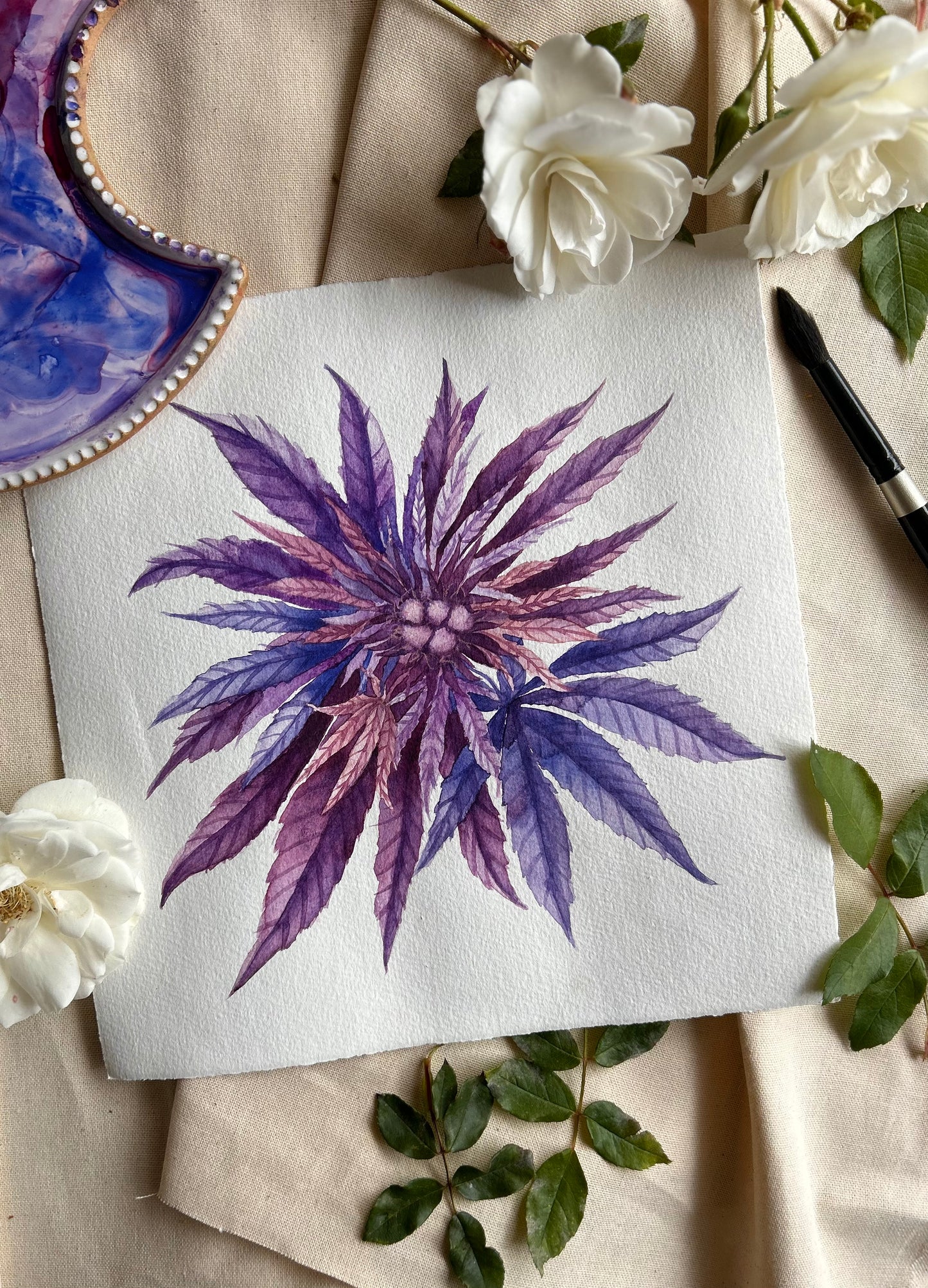 Purple Cannabis Flower 2 Original Watercolor Painting 10x10"