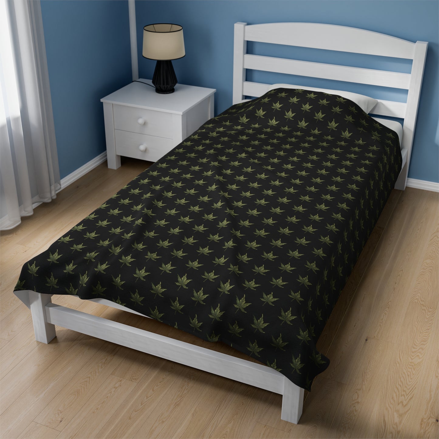 Velveteen Plush Blanket - Mini Cannabis Leaf Print, Black