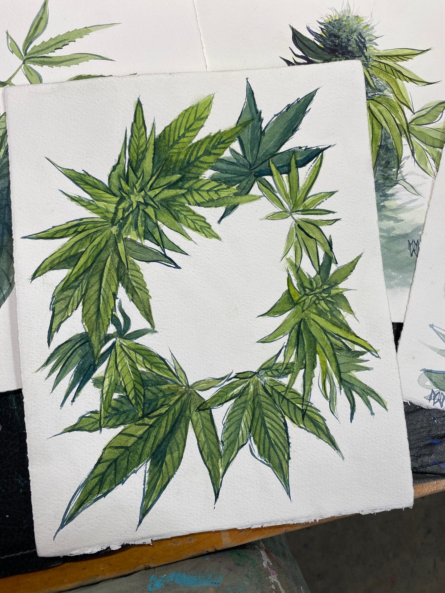 Cannabis Wreath Original Watercolor Painting 8x10"