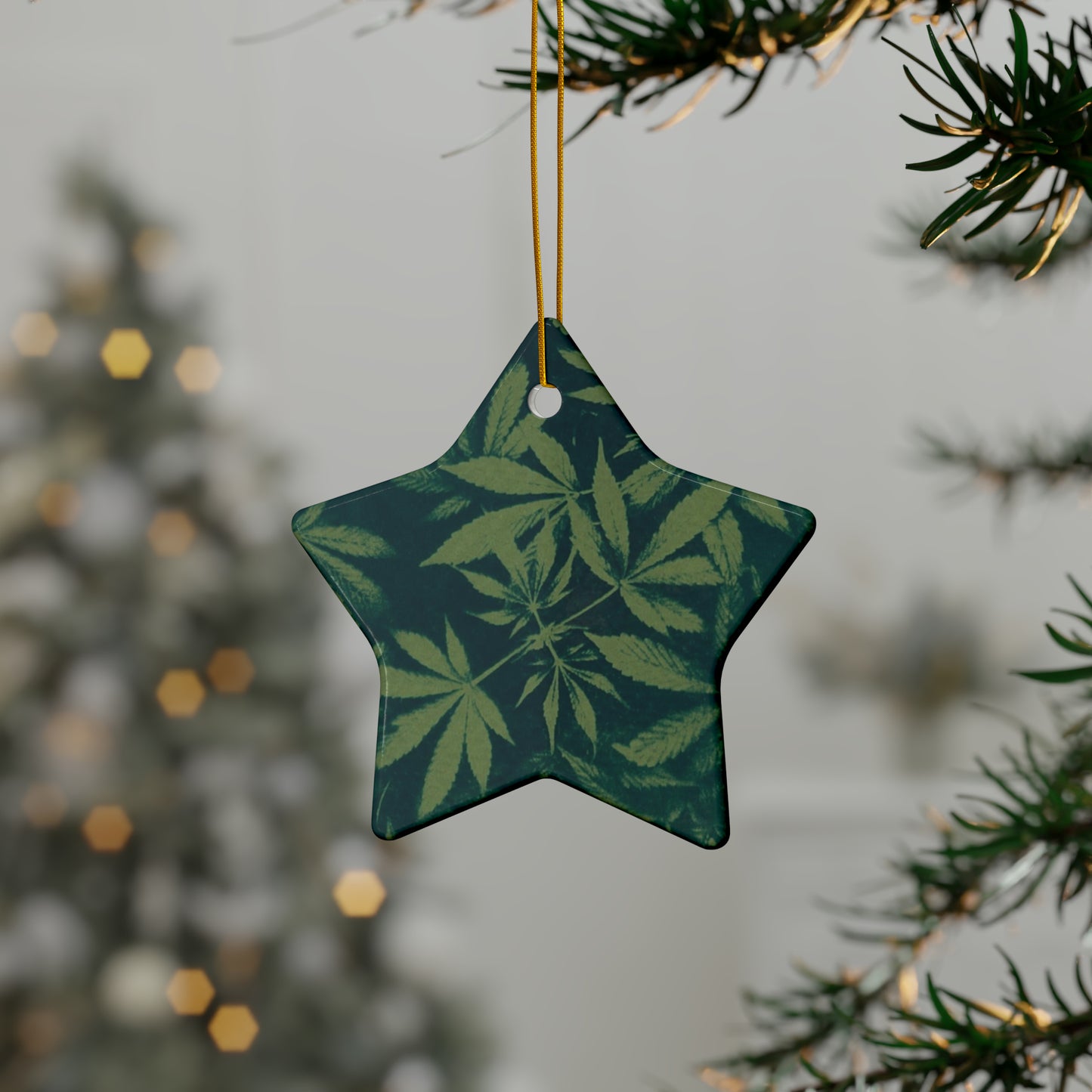 Ceramic Holiday Ornaments - Cyanotype on Green Print 1