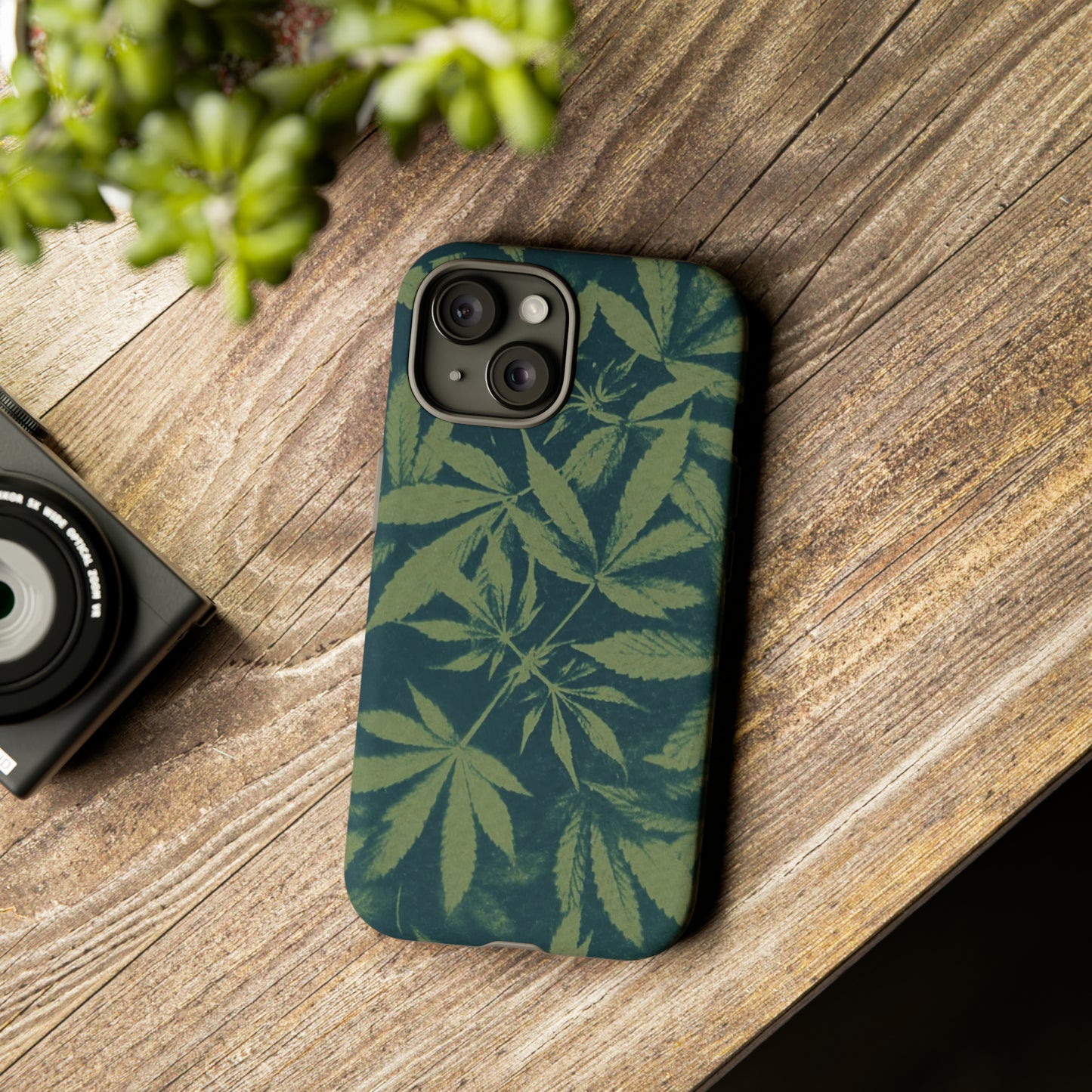 Tough Cell Phone Cases - Cannabis Field Cyanotype on Olive Print