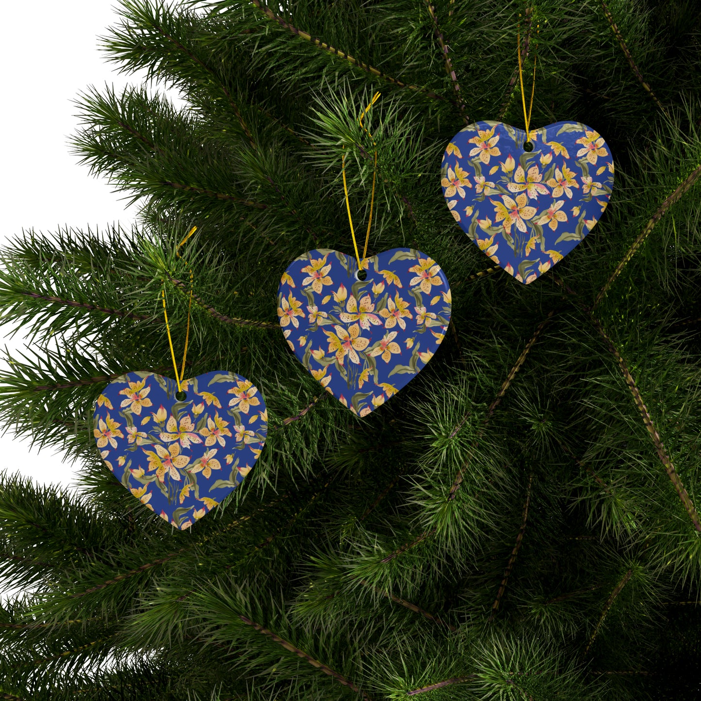 Ceramic Holiday Ornaments - Alstromerias on Blue