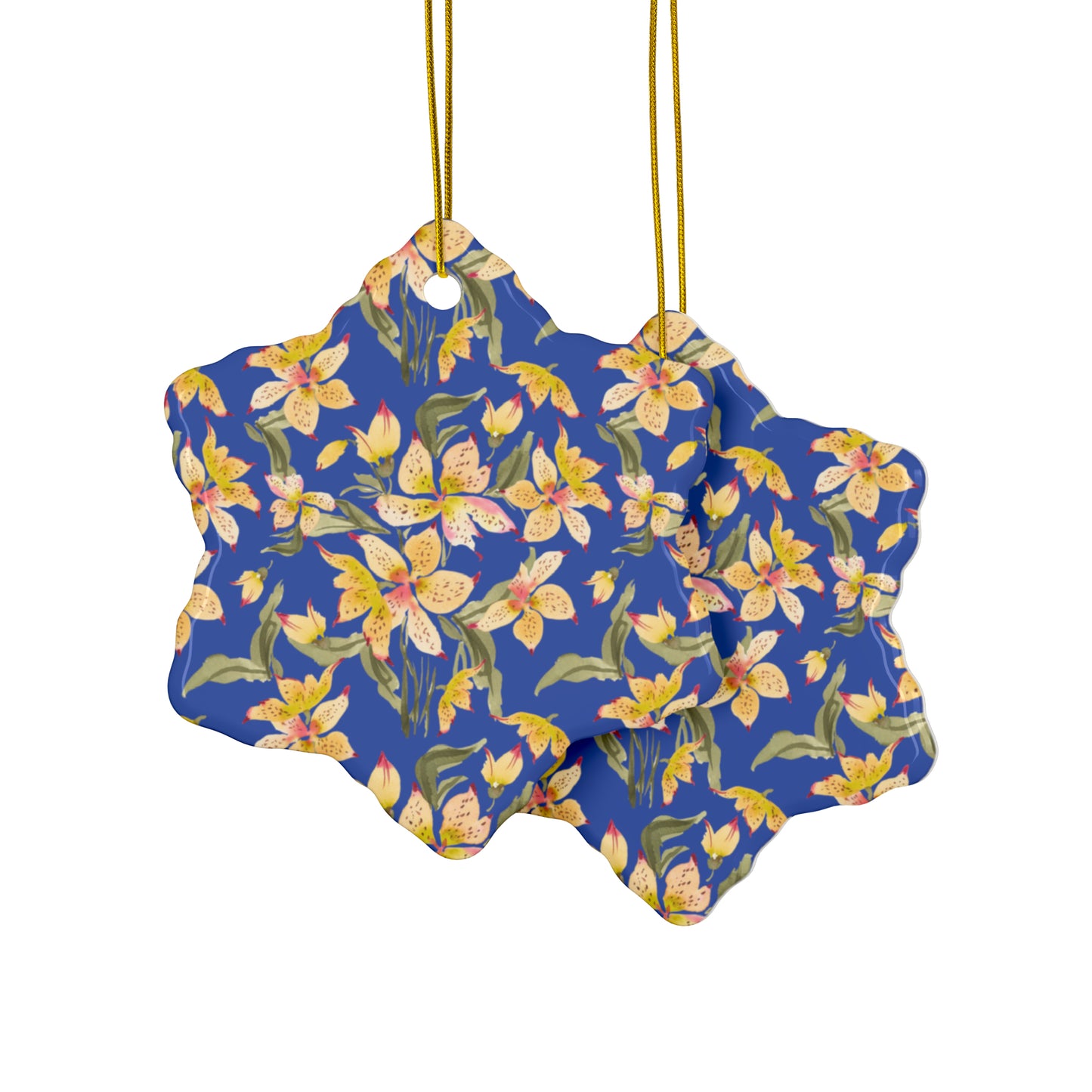 Ceramic Holiday Ornaments - Alstromerias on Blue