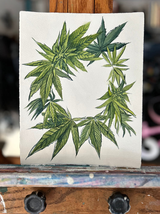 Cannabis Wreath Original Watercolor Painting 8x10"