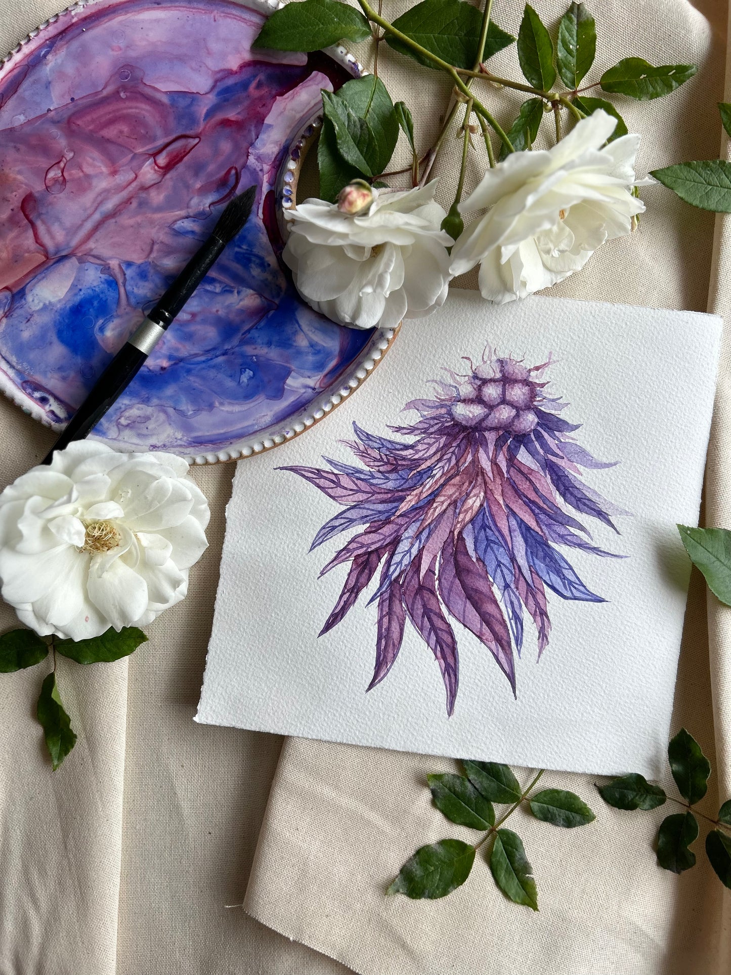 Purple Cannabis Flower Original Watercolor Painting 8x8"