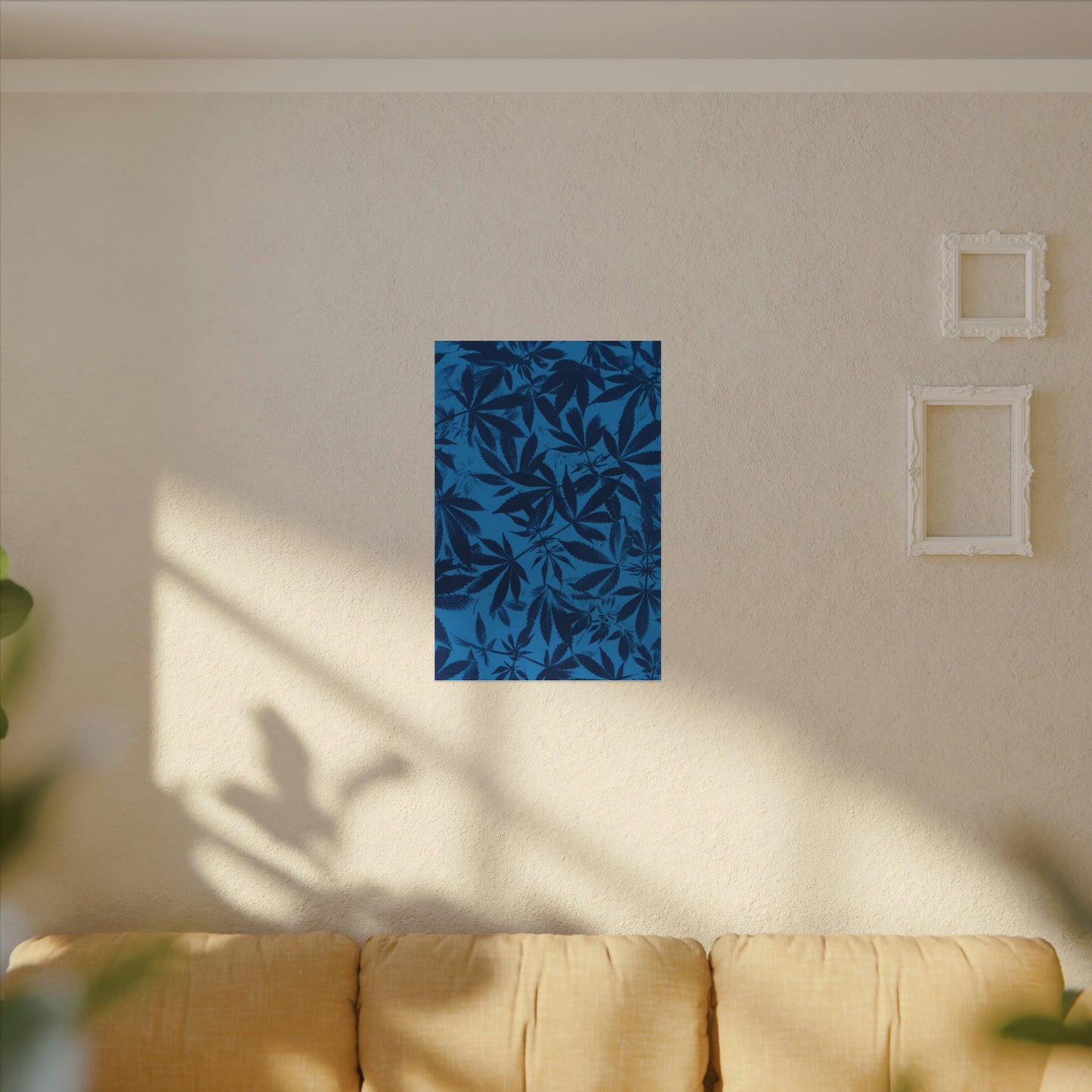 Fine Art Reproductions - Archival, Textured Watercolor Matte Prints - Cannabis Cyanotype on Bright Blue Print