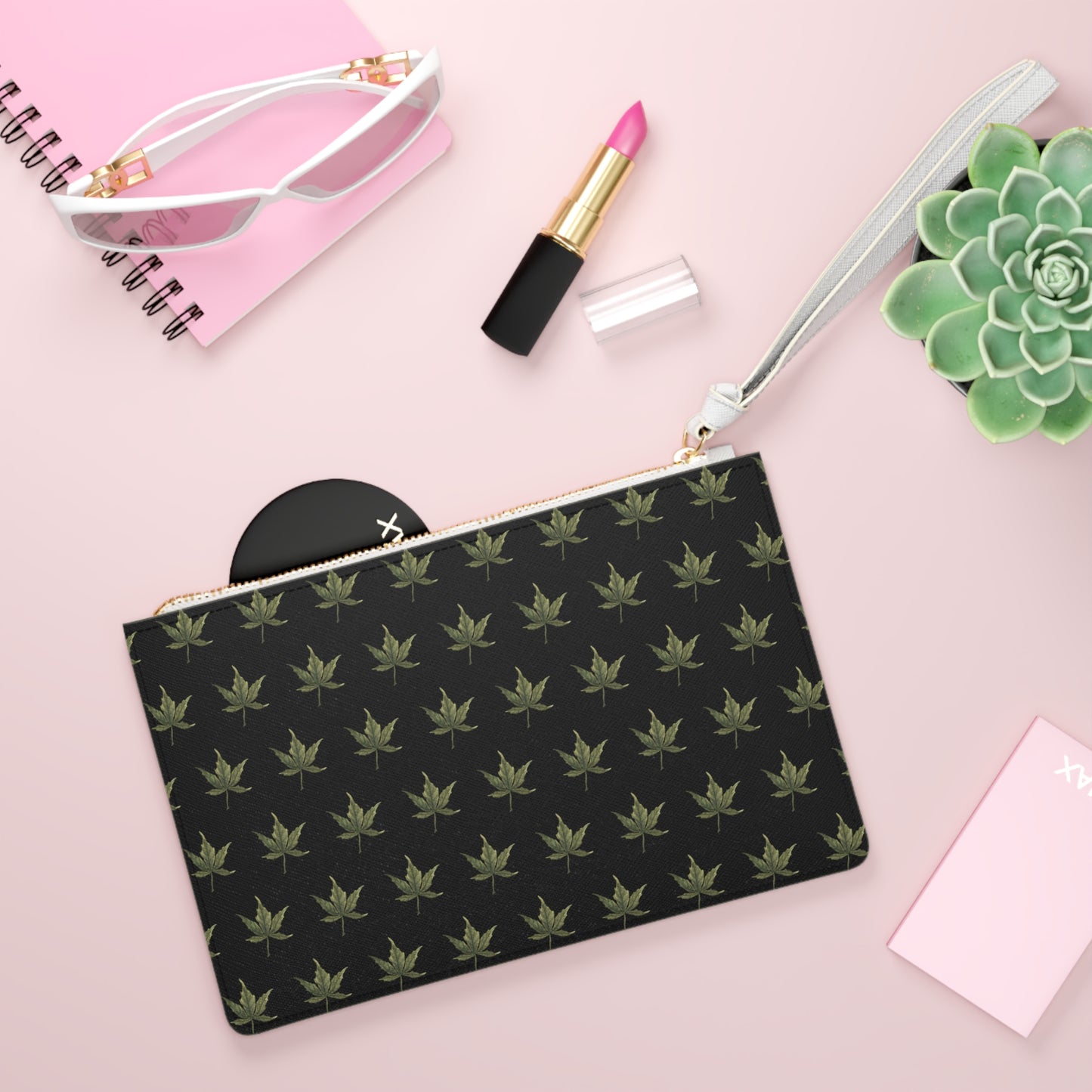 Vegan Leather Clutch Bag - Cannabis Leaf Print on Black