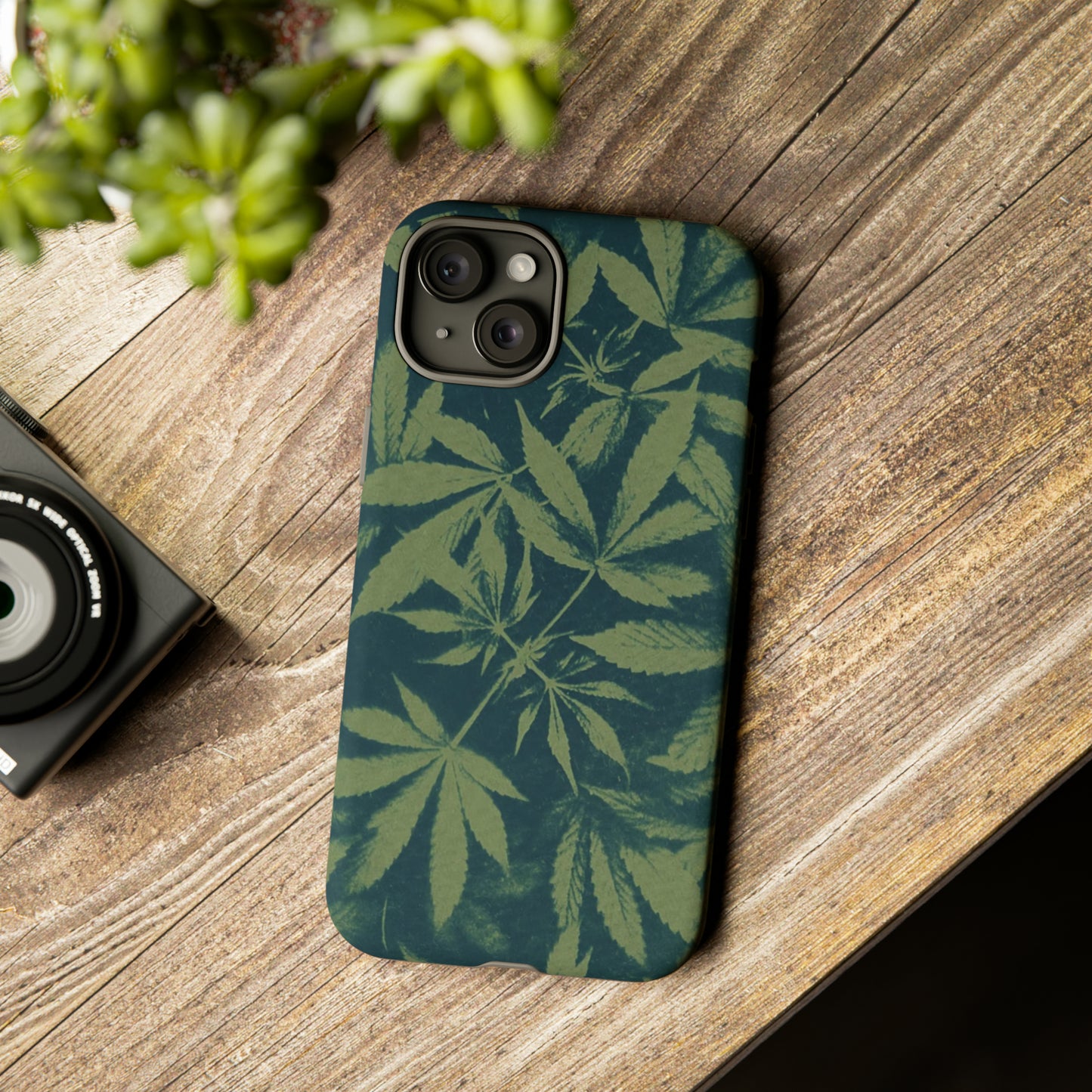 Tough Cell Phone Cases - Cannabis Field Cyanotype on Olive Print