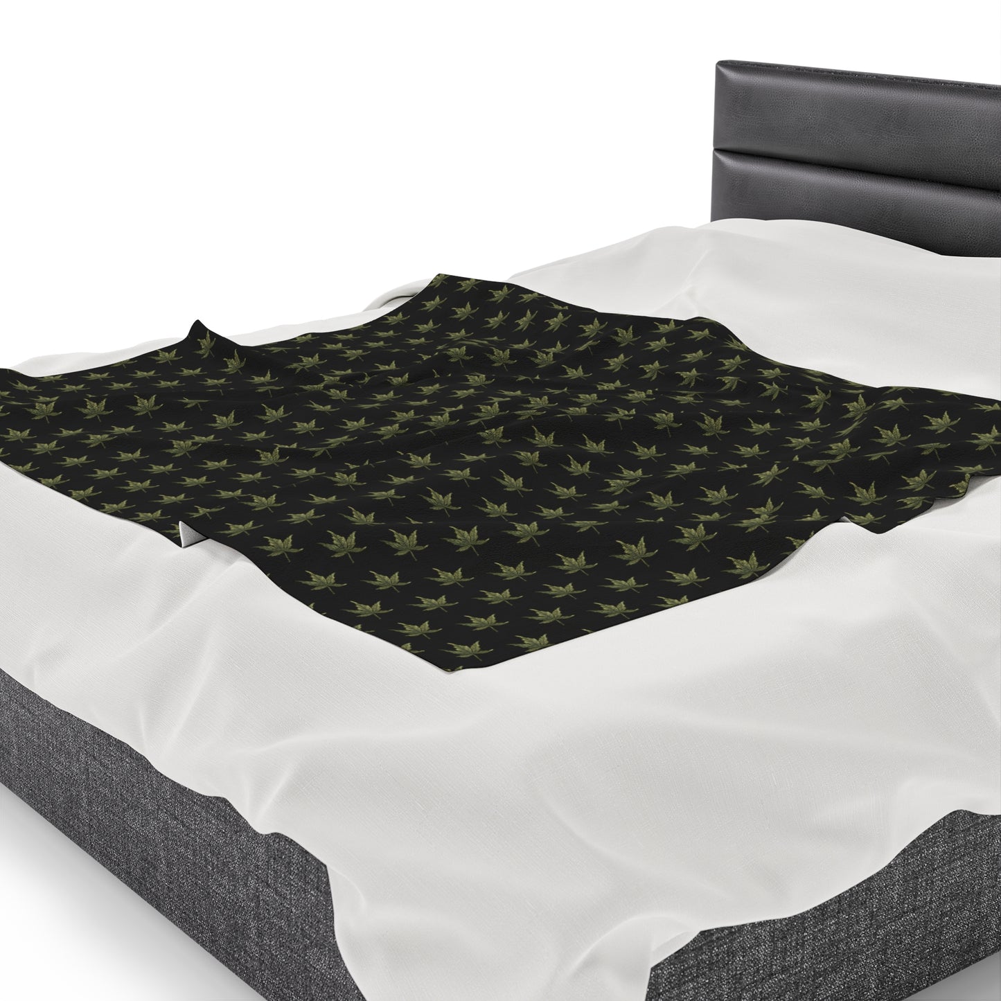 Velveteen Plush Blanket - Mini Cannabis Leaf Print, Black