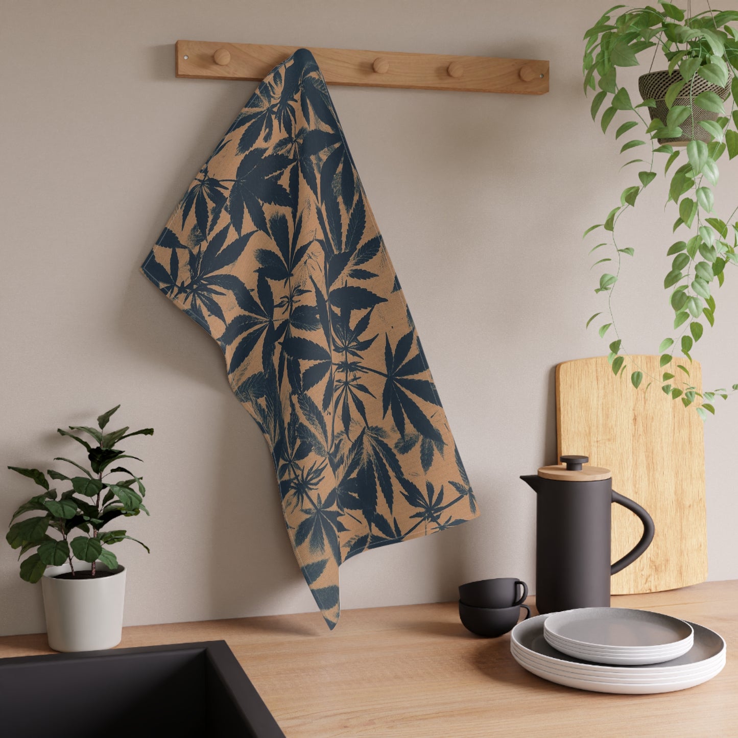 100% Cotton Twill Kitchen Towel - Cannabis Field Cyanotype on Amber Print