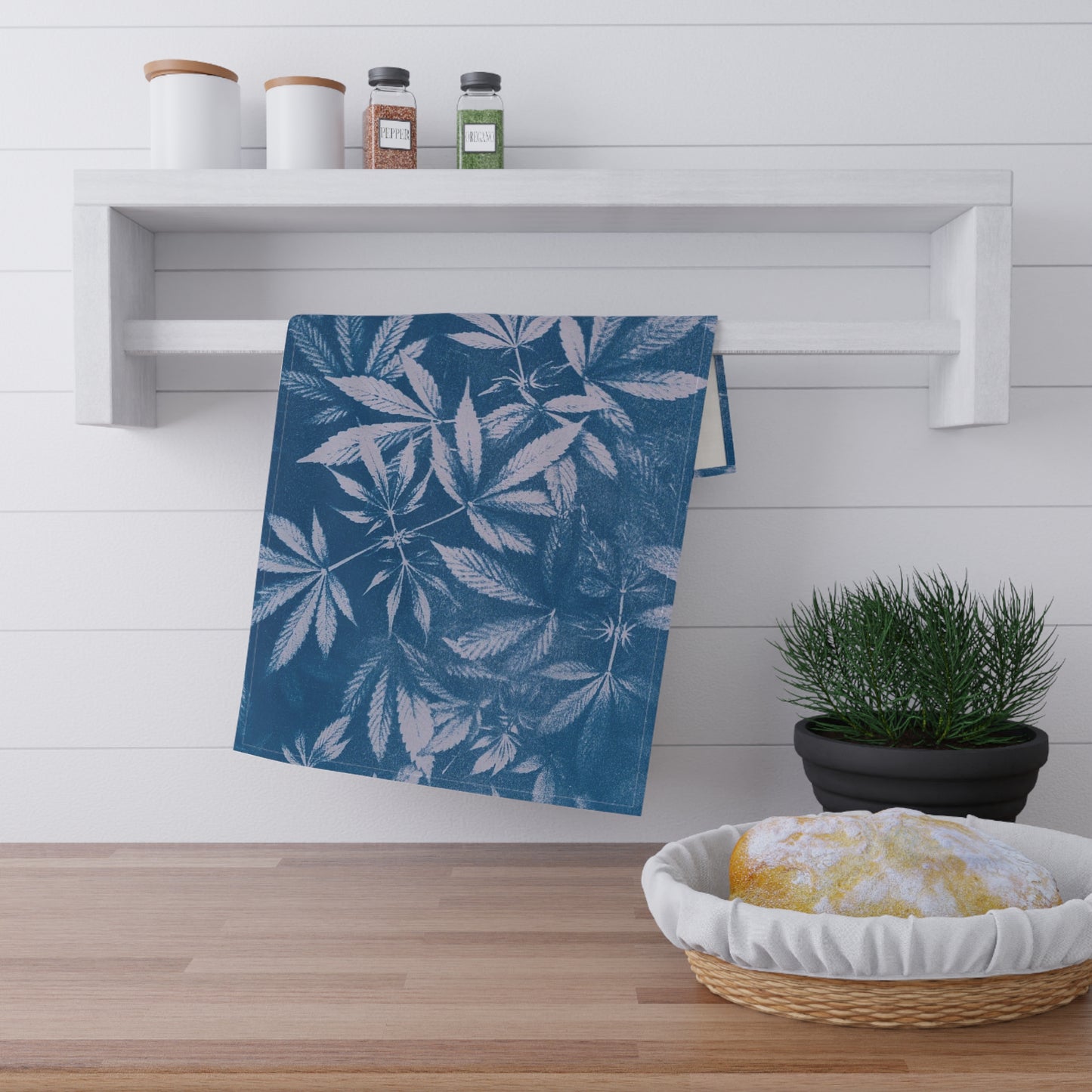 100% Cotton Twill Kitchen Towel - Cannabis Field Cyanotype on Lavender Print