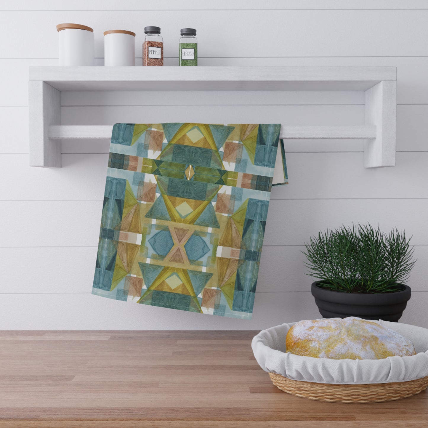 100% Cotton Twill Kitchen Towel - Geometric Abstract, blue green