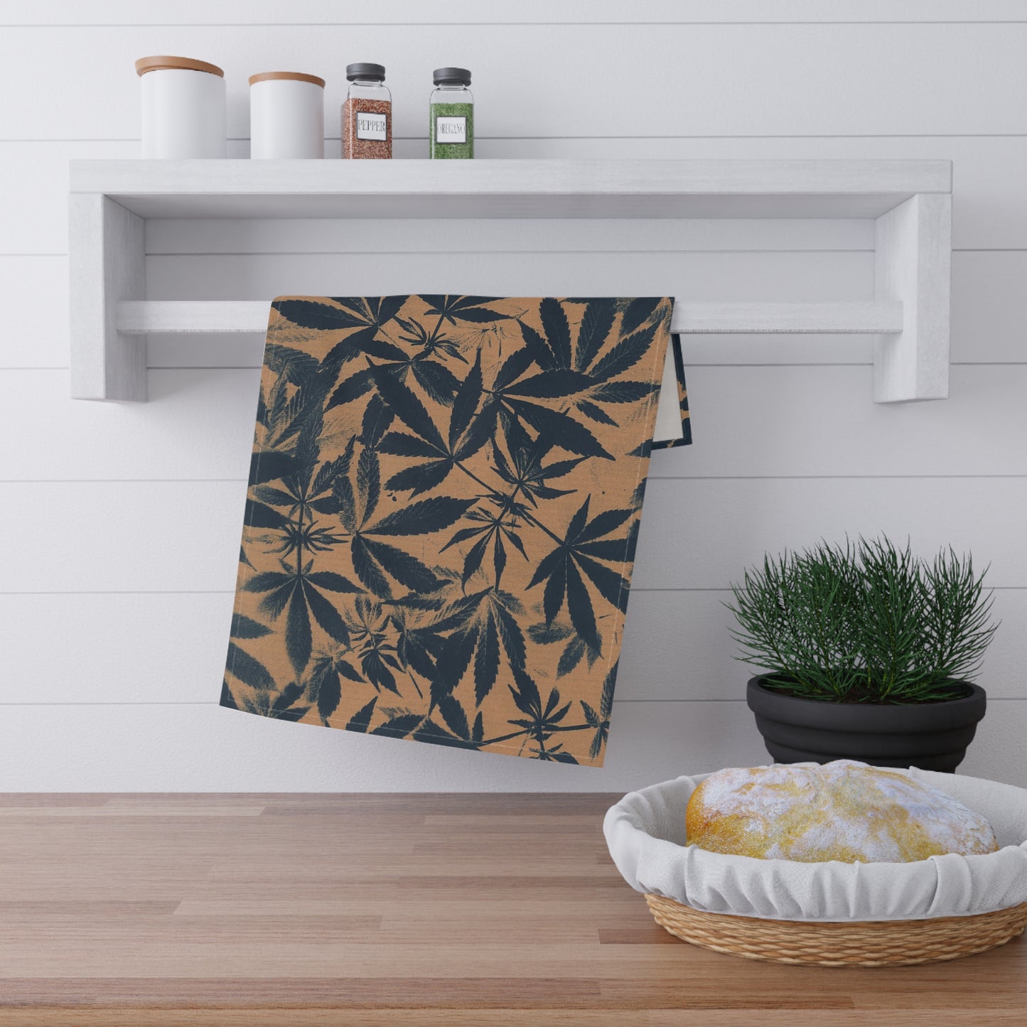 100% Cotton Twill Kitchen Towel - Cannabis Field Cyanotype on Amber Print