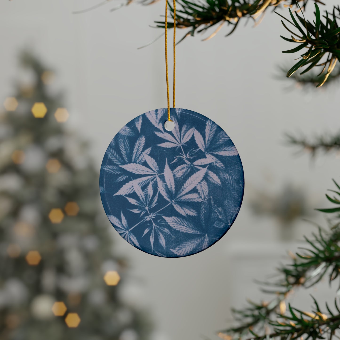 Ceramic Holiday Ornament - Cannabis Field Cyanotype on Lavender Print