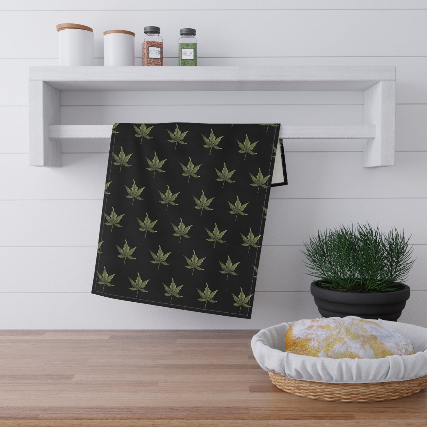 100% Cotton Twill Kitchen Towel - Mini Cannabis Leaf Print on Black