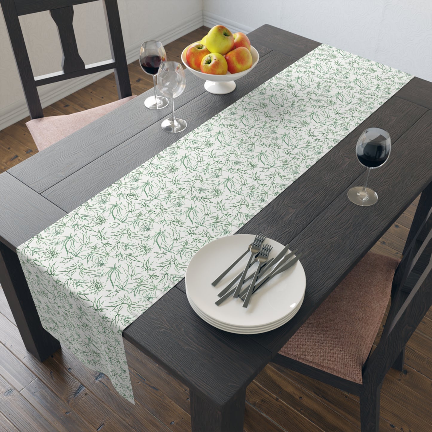 Table Runner 100% Cotton - Cannabis Sketches in Green