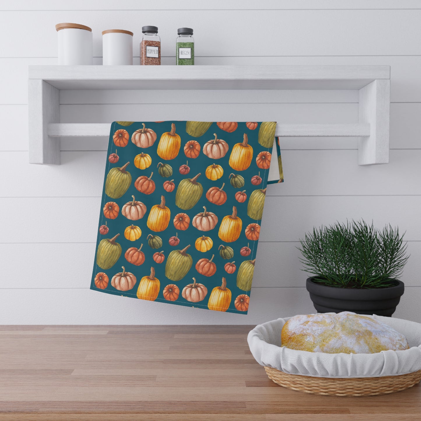 100% Cotton Twill Kitchen Towel - Fall Pumpkins, Teal