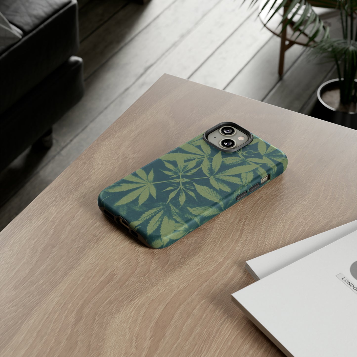 Tough Cell Phone Cases - Cannabis Field Cyanotype on Olive Print