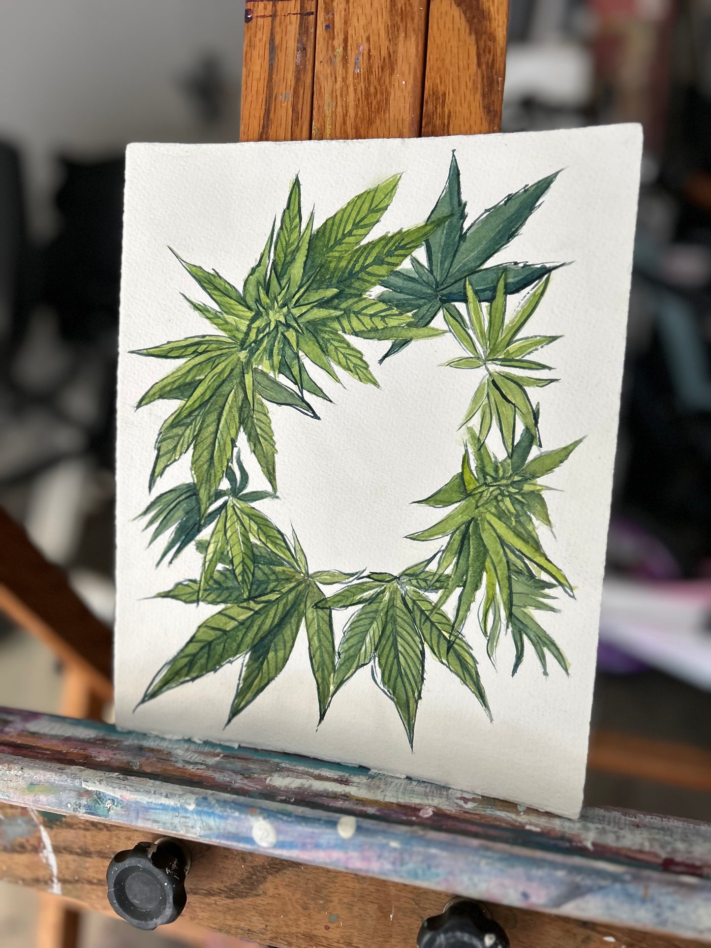 Cannabis Wreath Original Watercolor Painting 8x10"