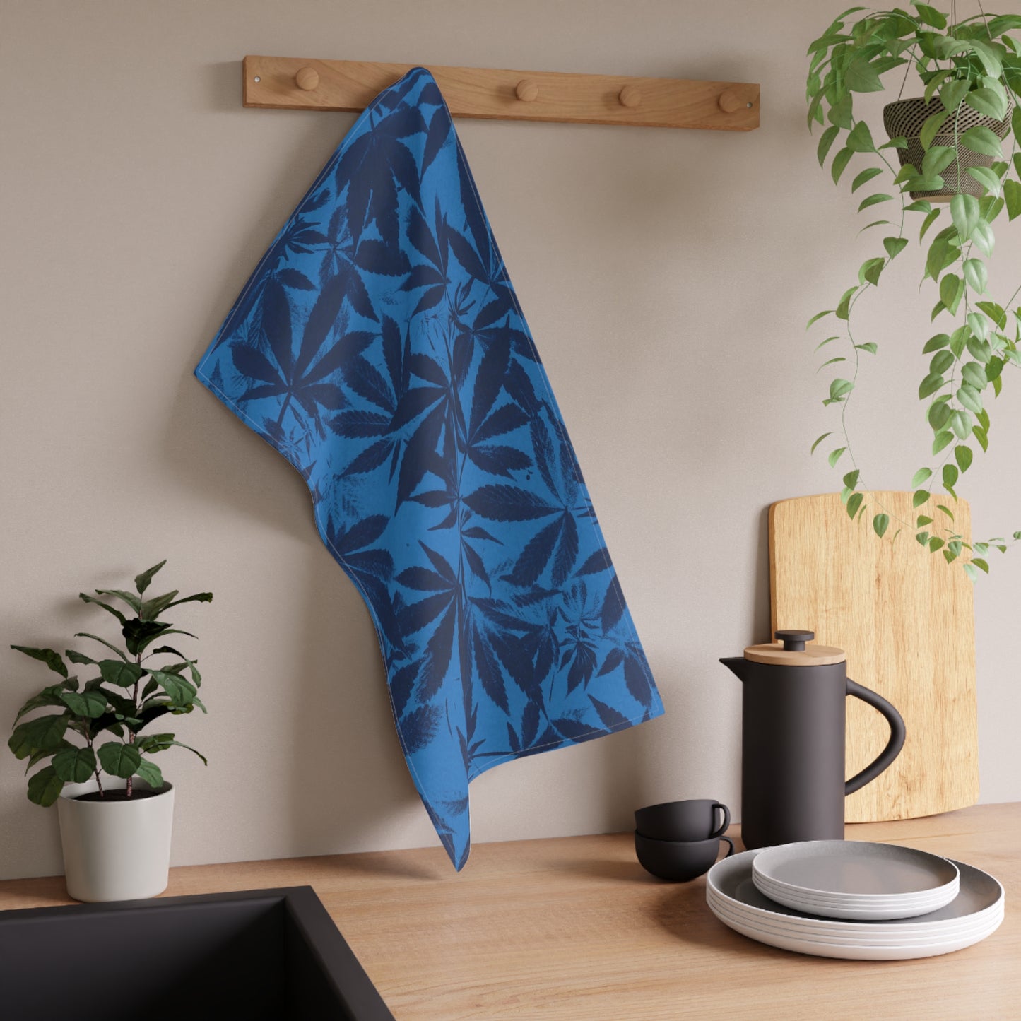 100% Cotton Twill Kitchen Towel - Cannabis Field Cyanotype on Bright Blue Print