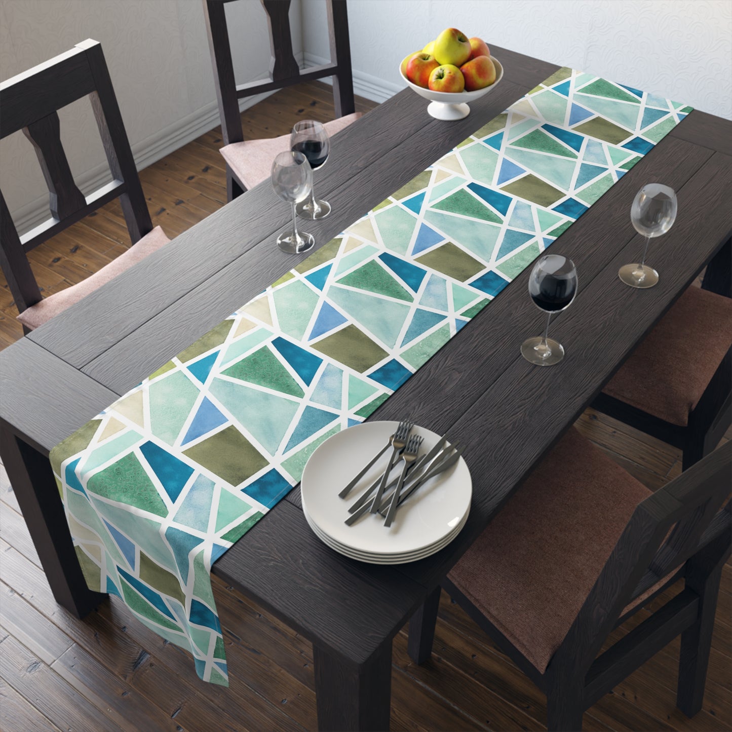 Table Runner 100% Cotton - Aqua Geo