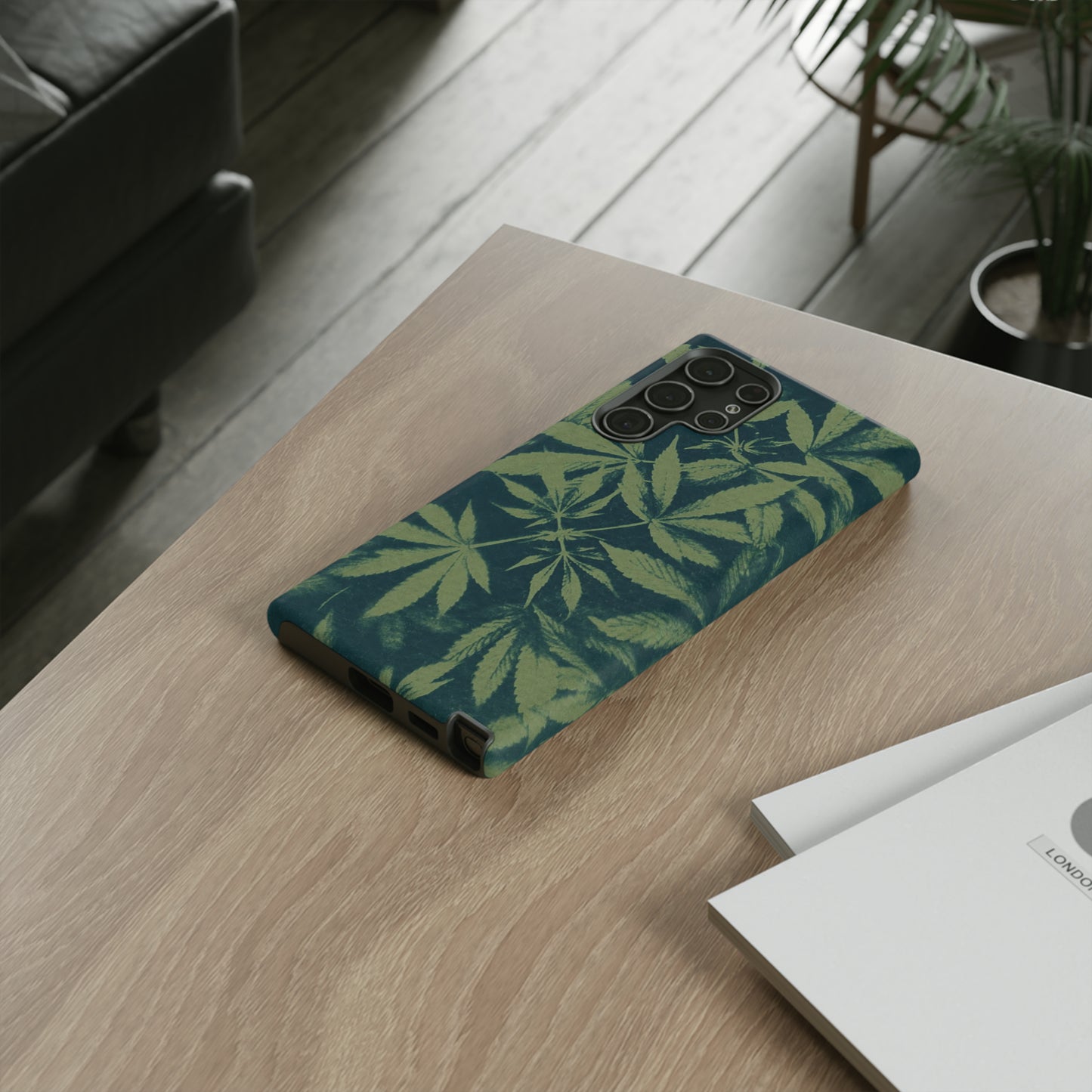 Tough Cell Phone Cases - Cannabis Field Cyanotype on Olive Print