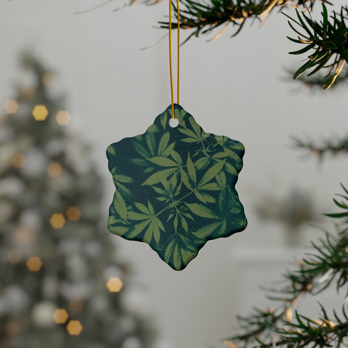 Ceramic Holiday Ornaments - Cyanotype on Green Print 1