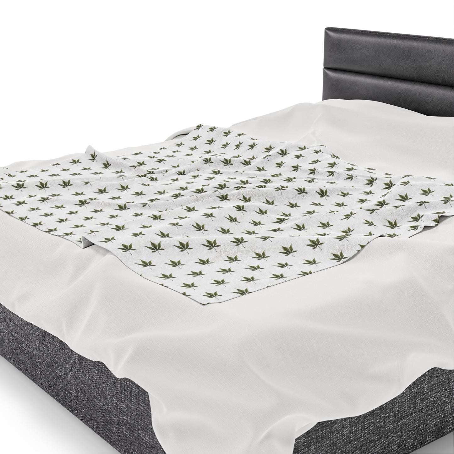 Velveteen Plush Blanket - Mini Cannabis Leaf Print, White