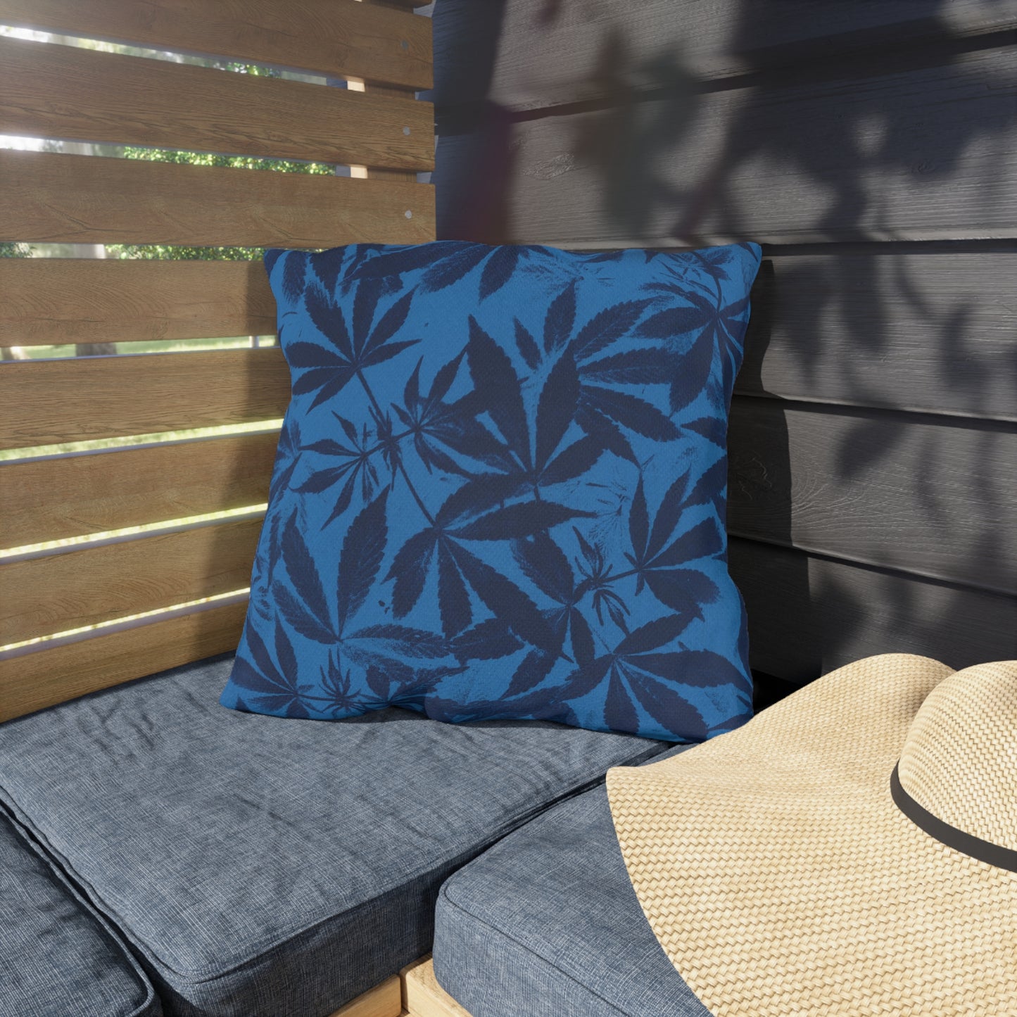 Outdoor Decorative Pillows - UV/H2O/Mildew Resistant - Cannabis Field Cyanotype on Bright Blue Print