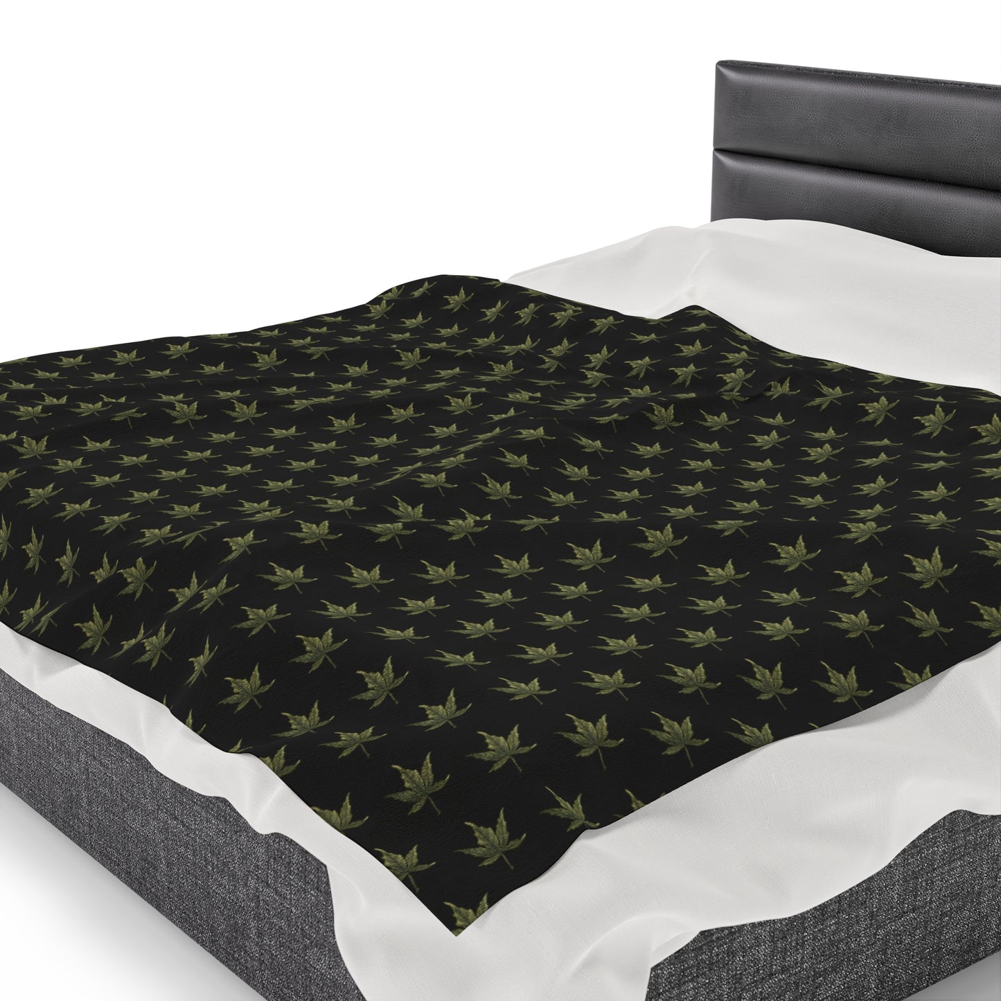 Velveteen Plush Blanket - Mini Cannabis Leaf Print, Black