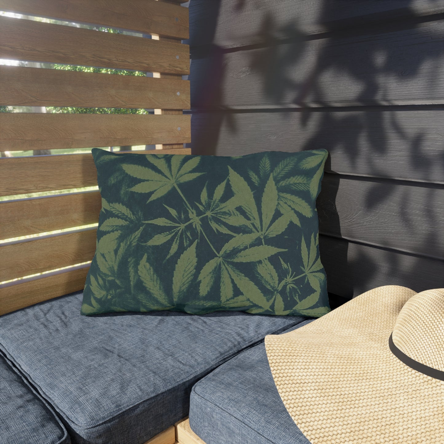 Outdoor Decorative Pillows - UV/H2O/Mildew Resistant - Cannabis Field Cyanotype on Olive Print