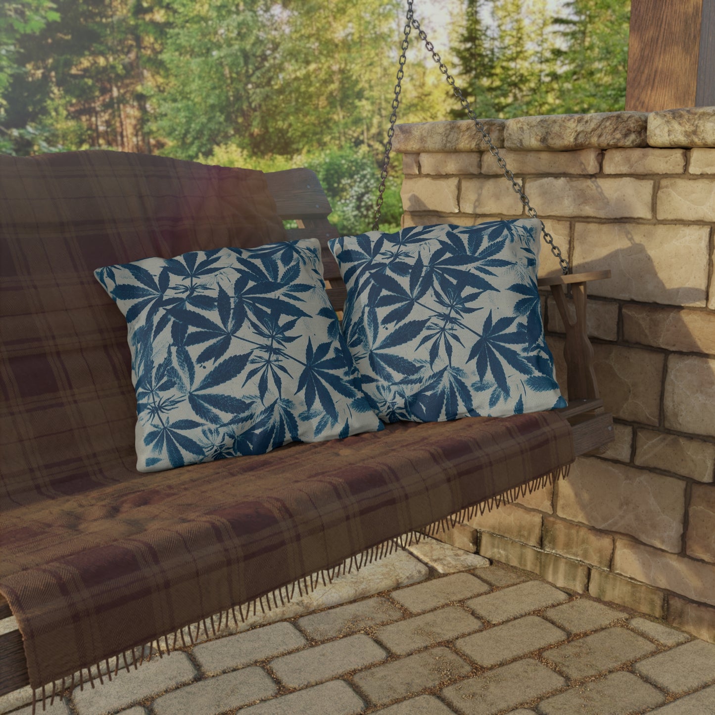 Outdoor Decorative Pillows - UV/H2O/Mildew Resistant - Cannabis Field Cyanotype on Ivory Print