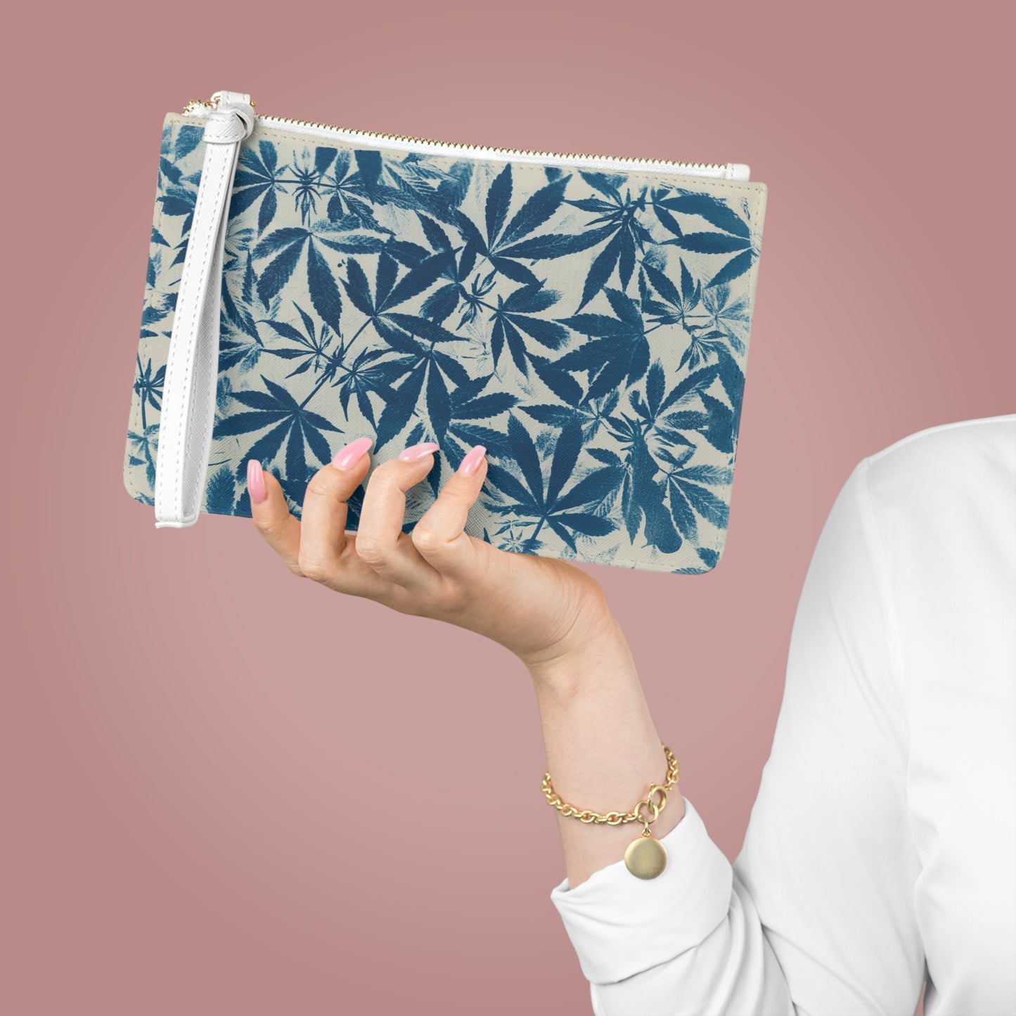 Vegan Leather Clutch Bag - Cyanotype on Ivory Print