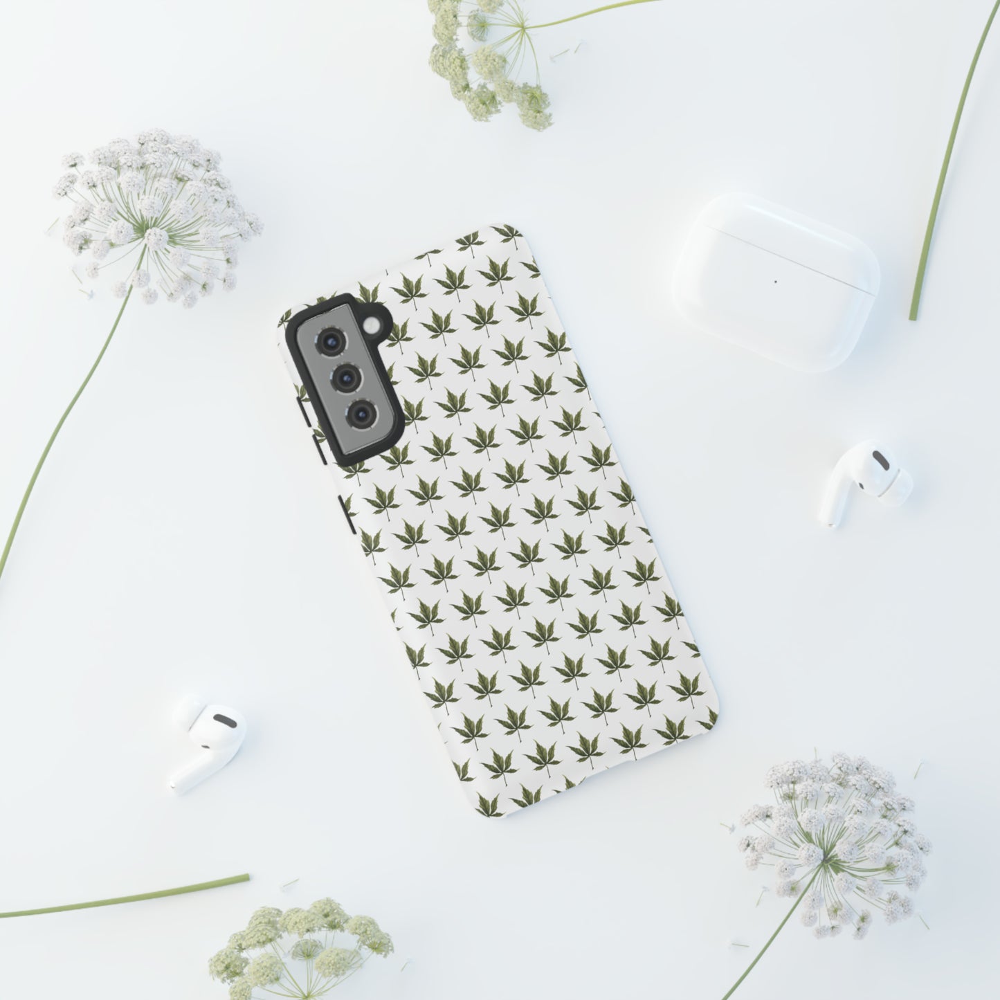 Tough Cell Phone Cases - Mini Cannabis Leaf on White