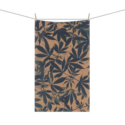 100% Cotton Twill Kitchen Towel - Cannabis Field Cyanotype on Amber Print