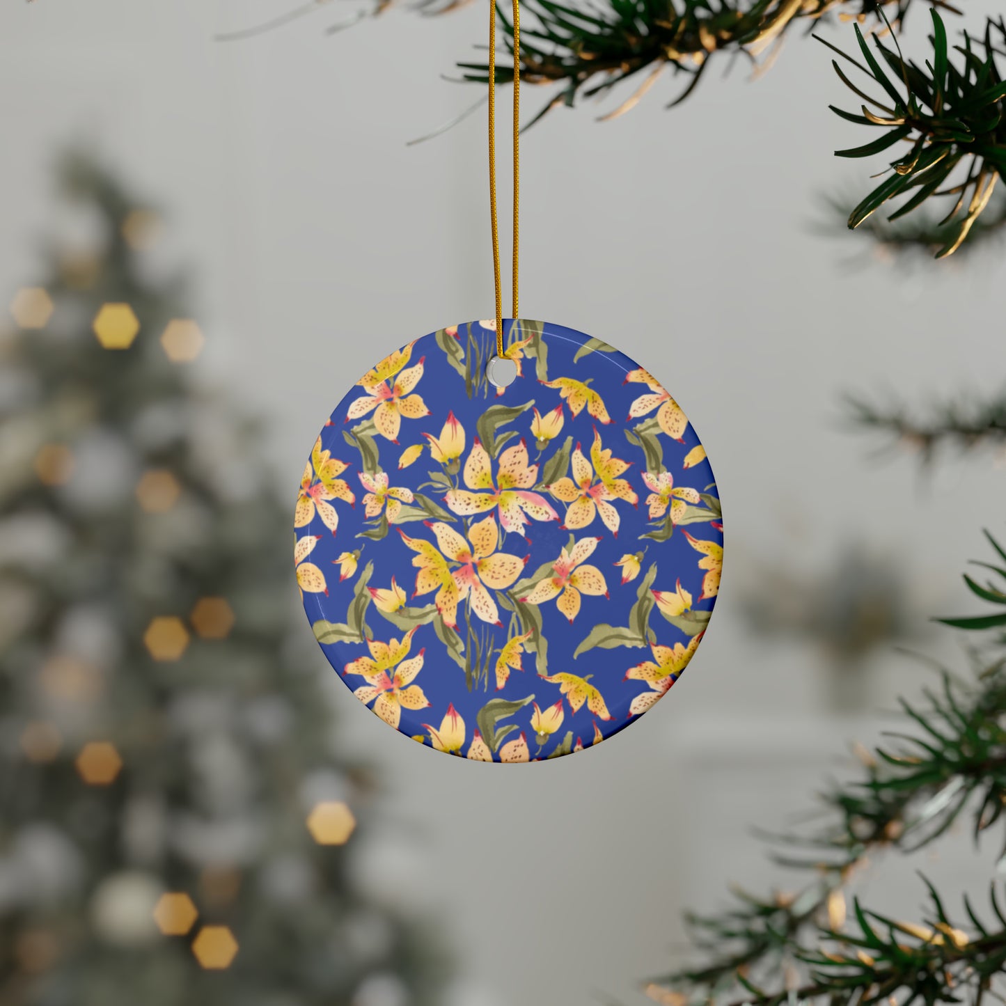 Ceramic Holiday Ornaments - Alstromerias on Blue