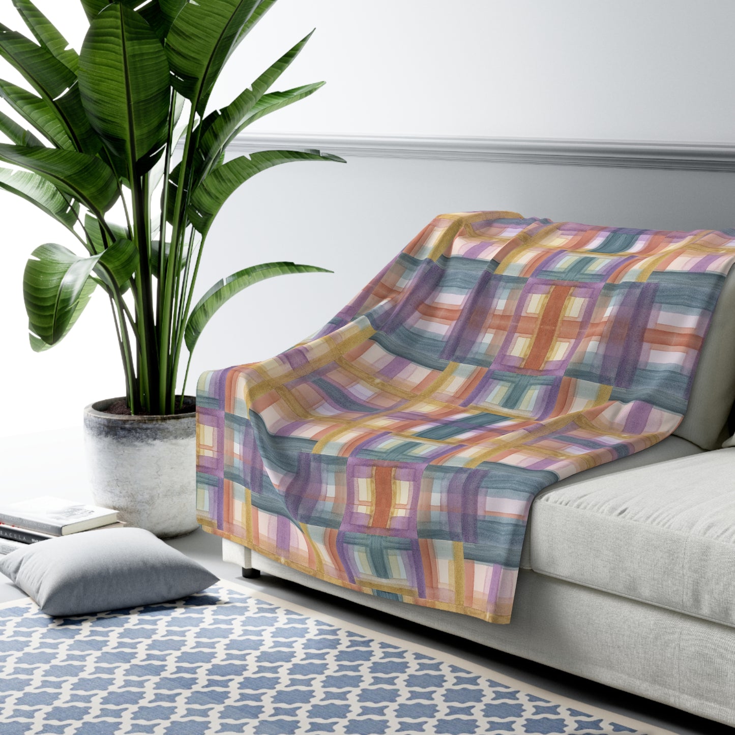 Sherpa Fleece Blanket - Painterly Plaid, Warm Colors