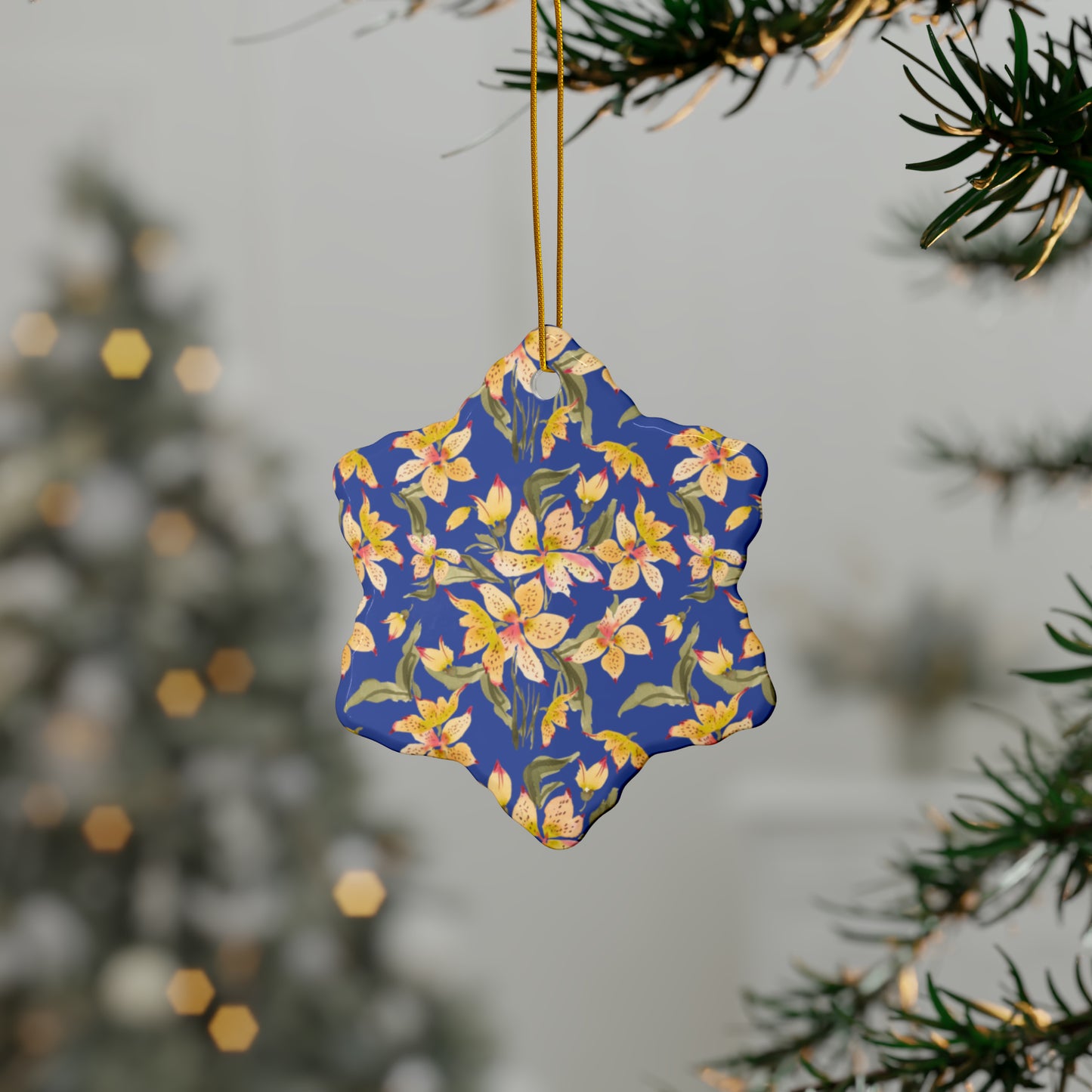 Ceramic Holiday Ornaments - Alstromerias on Blue