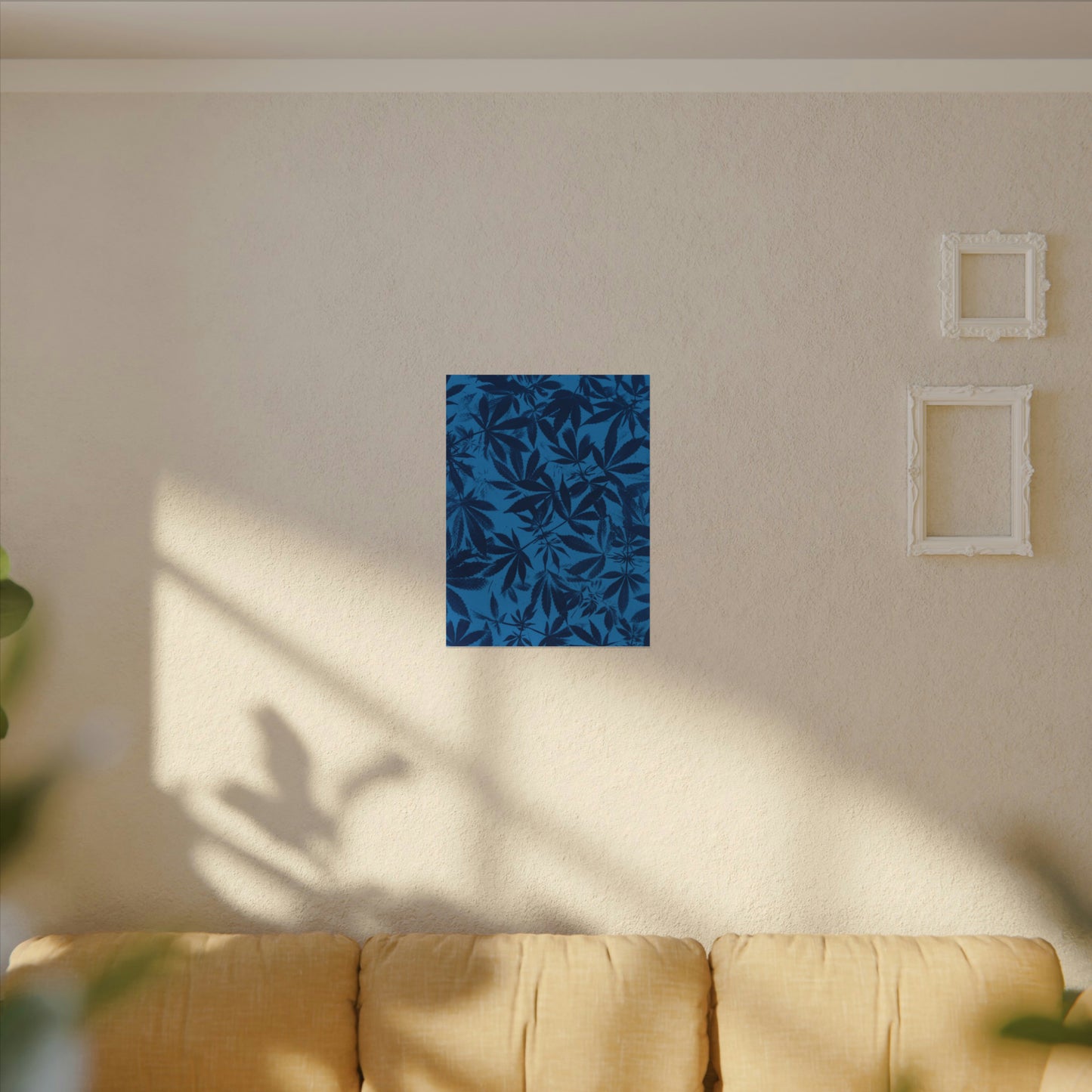 Fine Art Reproductions - Archival, Textured Watercolor Matte Prints - Cannabis Cyanotype on Bright Blue Print