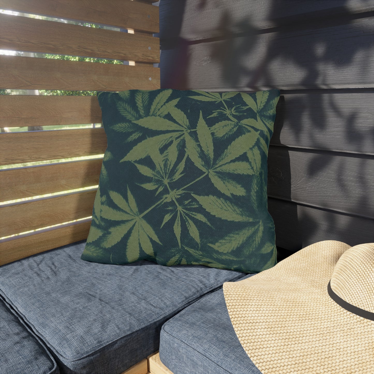 Outdoor Decorative Pillows - UV/H2O/Mildew Resistant - Cannabis Field Cyanotype on Olive Print