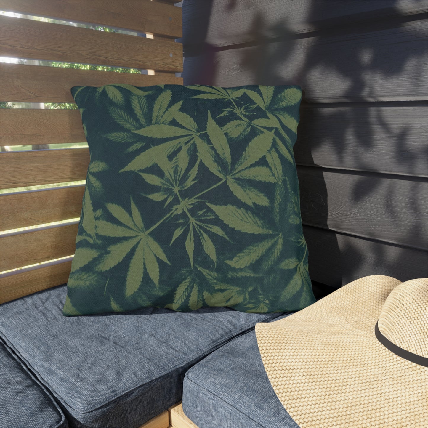 Outdoor Decorative Pillows - UV/H2O/Mildew Resistant - Cannabis Field Cyanotype on Olive Print