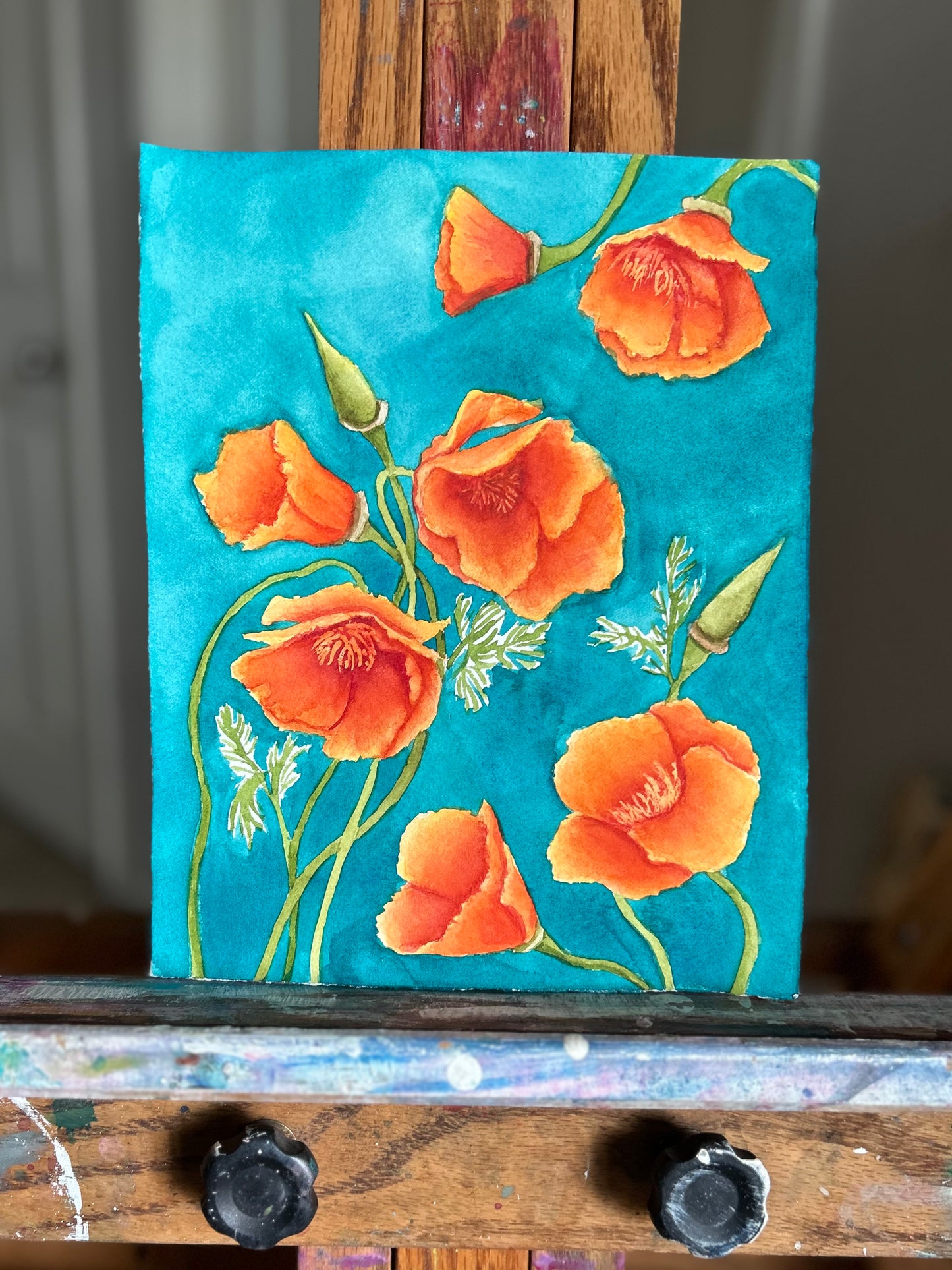 Golden Poppies on Teal Original Watercolor Painting -  8x10"